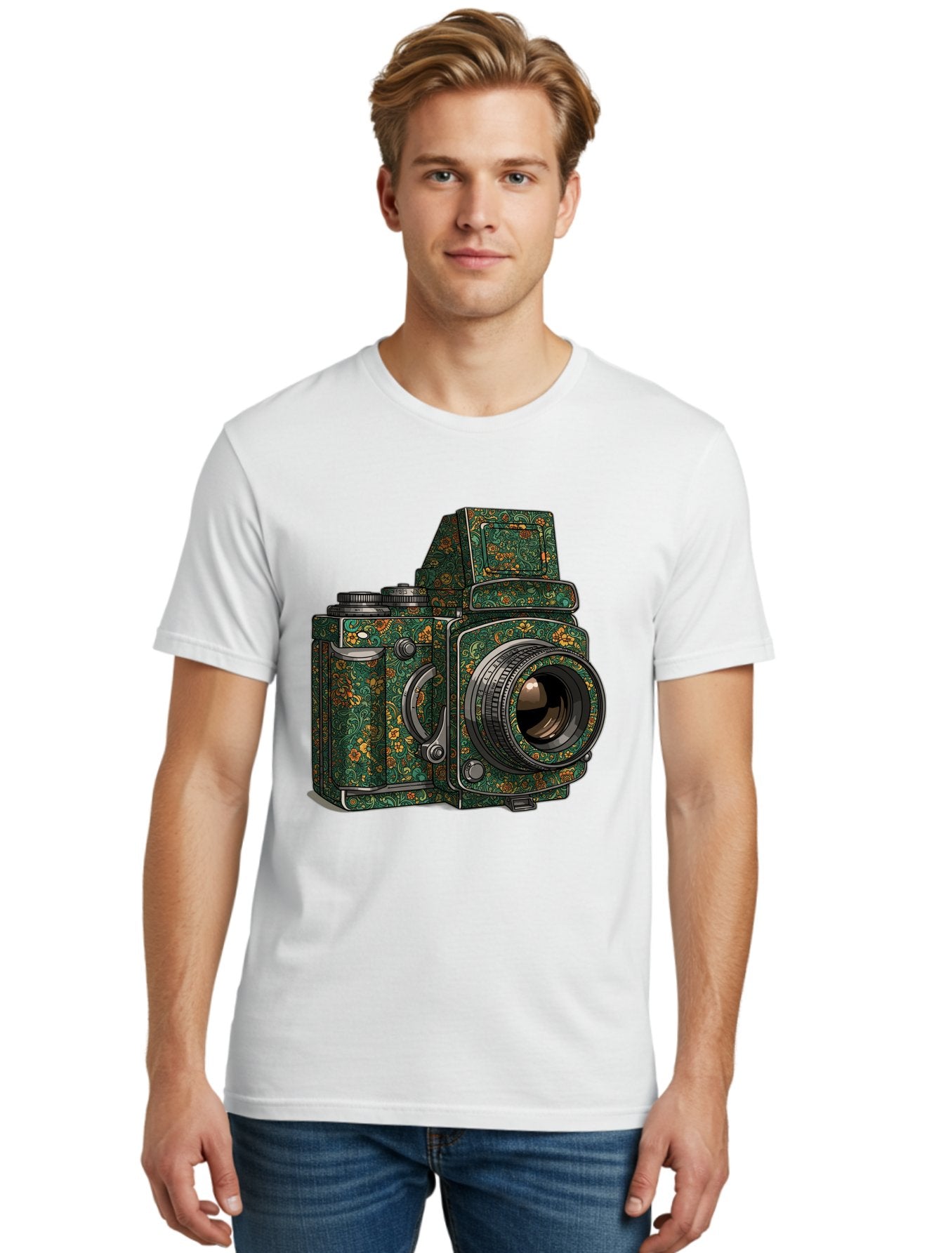 Holoformer-Camera Men'S Graphic Tee, 100% Cotton, Comfortable Casual Summer Wear, Machine Washable, Medium Format Camera, Vintage Photography Equipment, Retro Camera Design, Floral Patterns, Luxurious Look, Intricate Details, Bae468 27