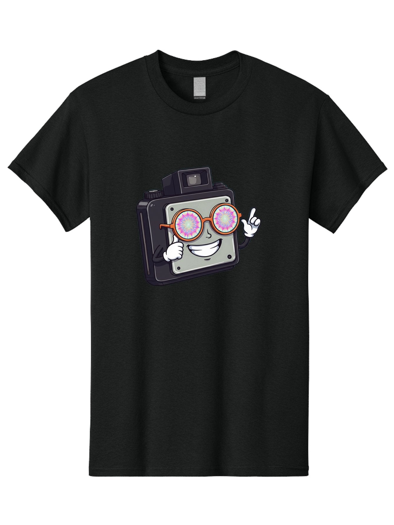 Instant-Camera-Character Men'S Graphic Tee, 100% Cotton, Comfortable Casual Summer Wear, Machine Washable, Cartoon Camera, Sunglasses, Pink Lenses, Funny Character, Playful Vibe, Happy Expression, Creative Illustration, Fun Photography Bae470