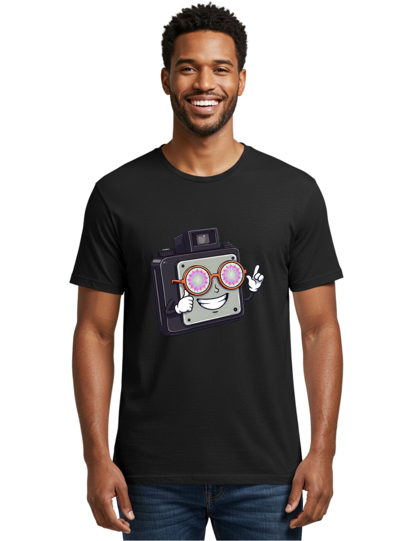 Instant-Camera-Character Men'S Graphic Tee, 100% Cotton, Comfortable Casual Summer Wear, Machine Washable, Cartoon Camera, Sunglasses, Pink Lenses, Funny Character, Playful Vibe, Happy Expression, Creative Illustration, Fun Photography Bae470 21