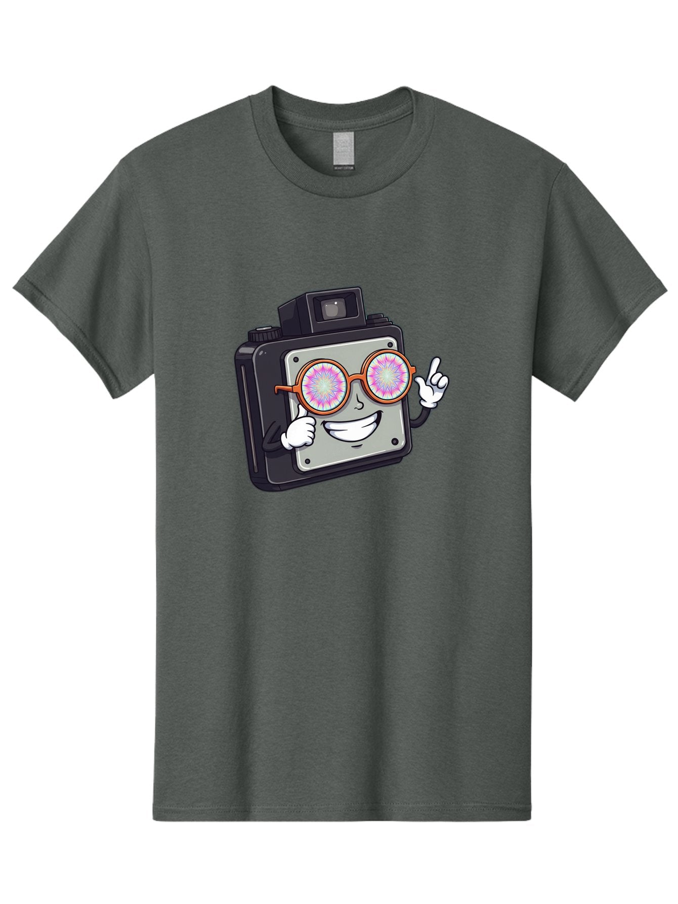Instant-Camera-Character Men'S Graphic Tee, 100% Cotton, Comfortable Casual Summer Wear, Machine Washable, Cartoon Camera, Sunglasses, Pink Lenses, Funny Character, Playful Vibe, Happy Expression, Creative Illustration, Fun Photography Bae470 7
