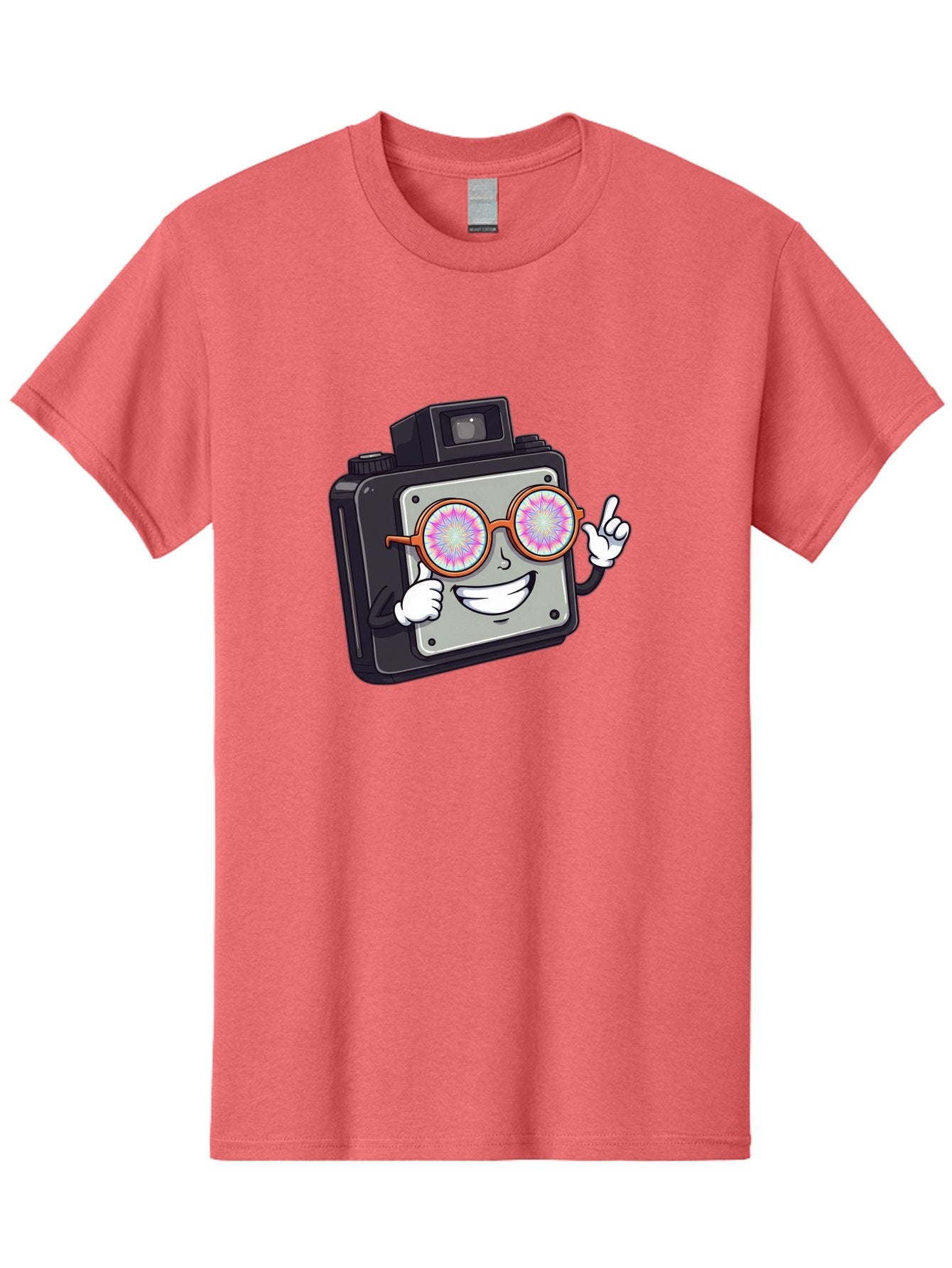 Instant-Camera-Character Men'S Graphic Tee, 100% Cotton, Comfortable Casual Summer Wear, Machine Washable, Cartoon Camera, Sunglasses, Pink Lenses, Funny Character, Playful Vibe, Happy Expression, Creative Illustration, Fun Photography Bae470 13
