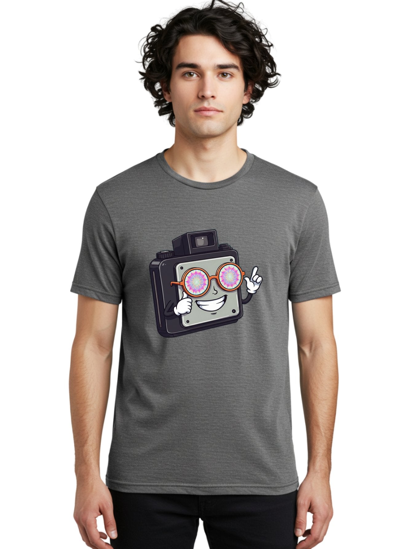 Instant-Camera-Character Men'S Graphic Tee, 100% Cotton, Comfortable Casual Summer Wear, Machine Washable, Cartoon Camera, Sunglasses, Pink Lenses, Funny Character, Playful Vibe, Happy Expression, Creative Illustration, Fun Photography Bae470 25