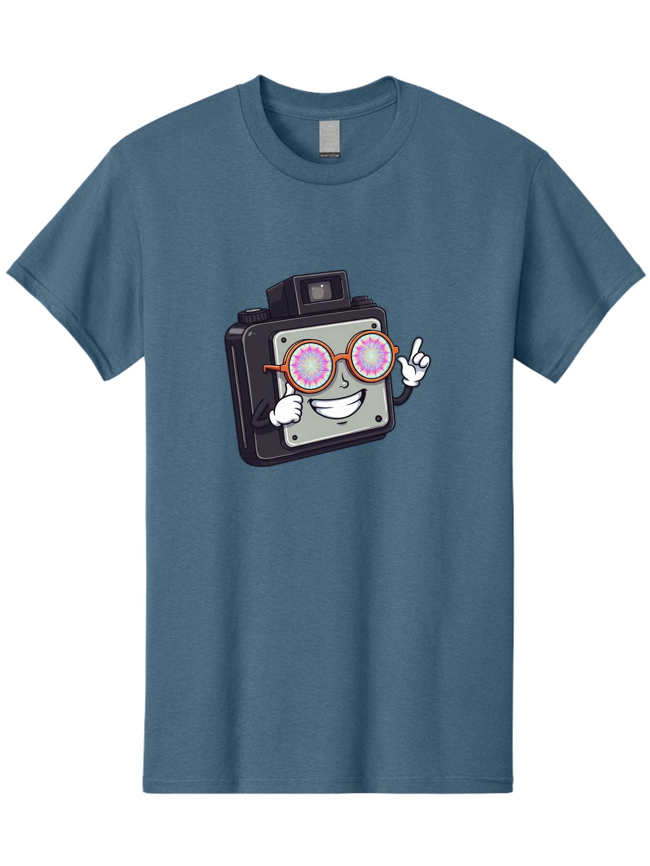 Instant-Camera-Character Men'S Graphic Tee, 100% Cotton, Comfortable Casual Summer Wear, Machine Washable, Cartoon Camera, Sunglasses, Pink Lenses, Funny Character, Playful Vibe, Happy Expression, Creative Illustration, Fun Photography Bae470 3