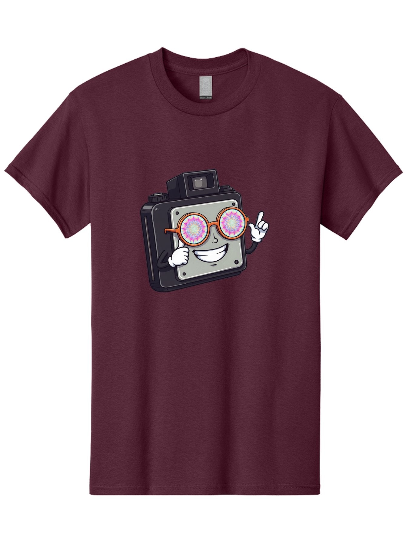 Instant-Camera-Character Men'S Graphic Tee, 100% Cotton, Comfortable Casual Summer Wear, Machine Washable, Cartoon Camera, Sunglasses, Pink Lenses, Funny Character, Playful Vibe, Happy Expression, Creative Illustration, Fun Photography Bae470 5
