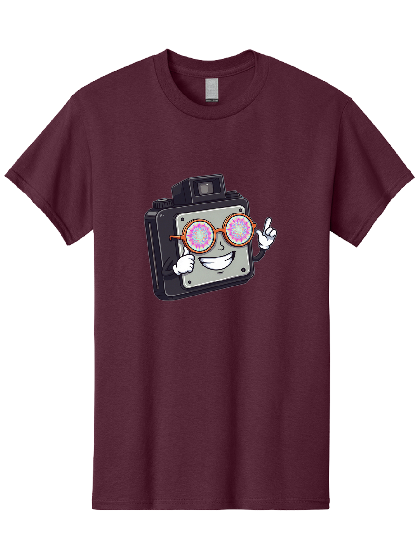 Instant-Camera-Character Men'S Graphic Tee, 100% Cotton, Comfortable Casual Summer Wear, Machine Washable, Cartoon Camera, Sunglasses, Pink Lenses, Funny Character, Playful Vibe, Happy Expression, Creative Illustration, Fun Photography Bae470 8