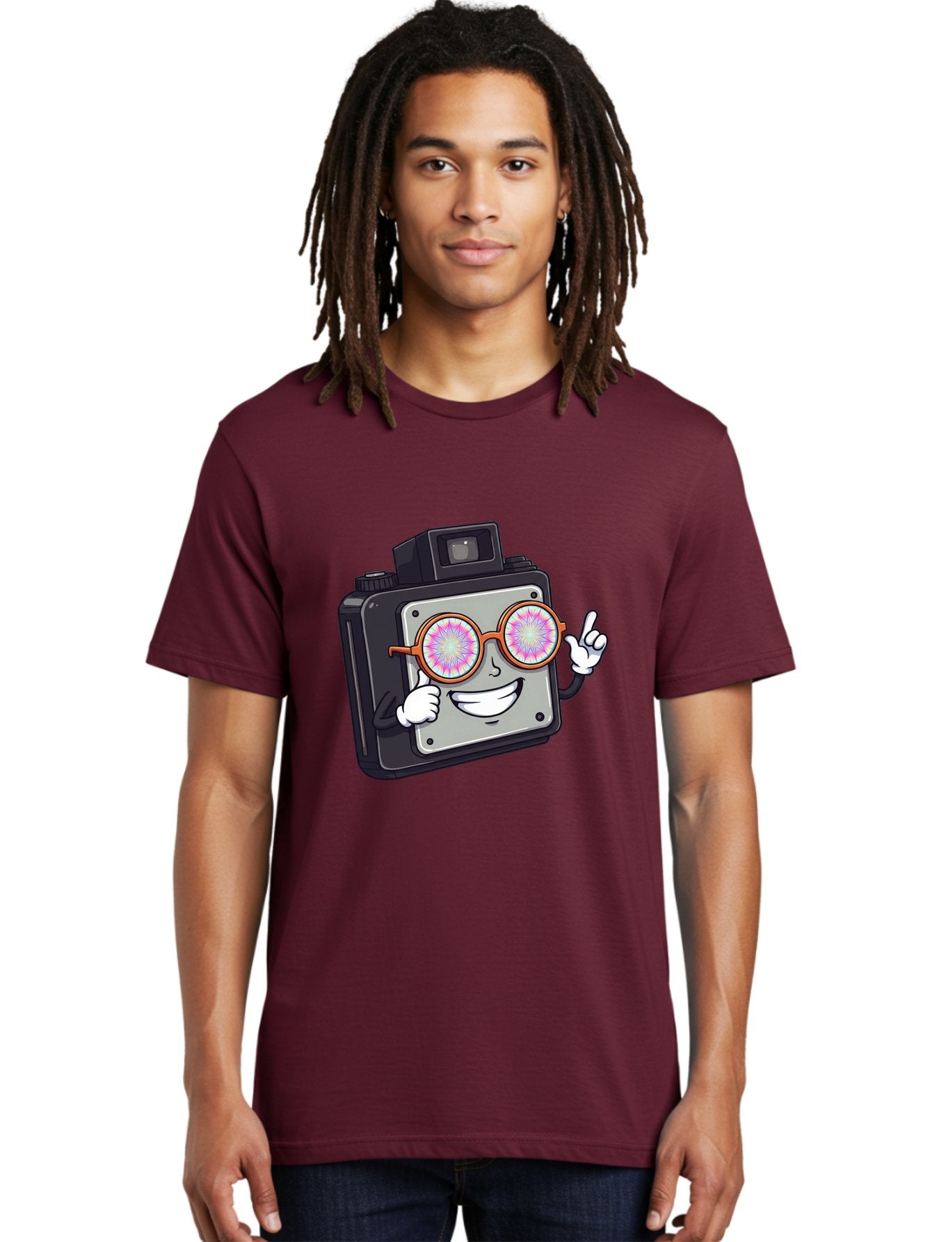 Instant-Camera-Character Men'S Graphic Tee, 100% Cotton, Comfortable Casual Summer Wear, Machine Washable, Cartoon Camera, Sunglasses, Pink Lenses, Funny Character, Playful Vibe, Happy Expression, Creative Illustration, Fun Photography Bae470 23