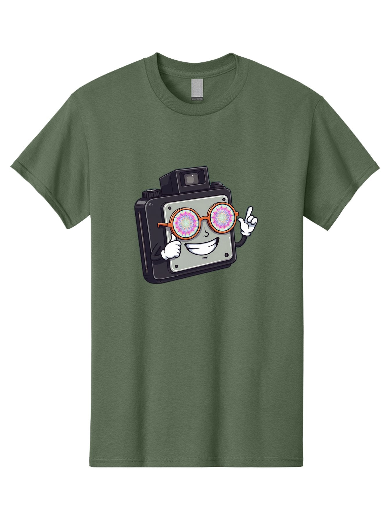 Instant-Camera-Character Men'S Graphic Tee, 100% Cotton, Comfortable Casual Summer Wear, Machine Washable, Cartoon Camera, Sunglasses, Pink Lenses, Funny Character, Playful Vibe, Happy Expression, Creative Illustration, Fun Photography Bae470 9