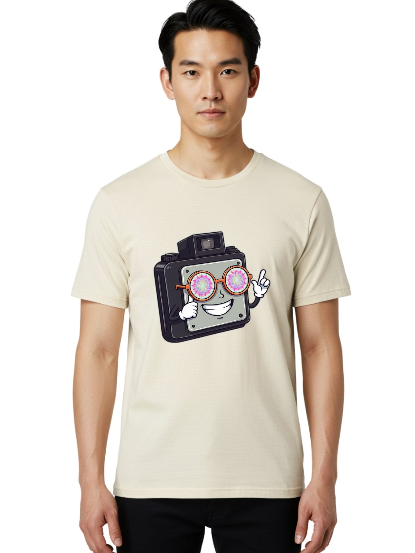 Instant-Camera-Character Men'S Graphic Tee, 100% Cotton, Comfortable Casual Summer Wear, Machine Washable, Cartoon Camera, Sunglasses, Pink Lenses, Funny Character, Playful Vibe, Happy Expression, Creative Illustration, Fun Photography Bae470 27