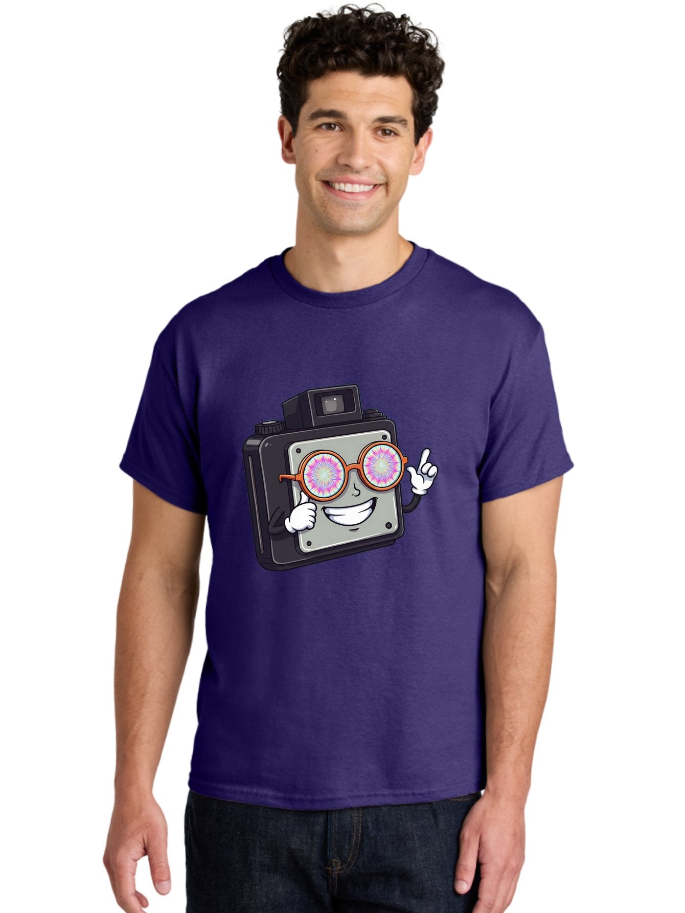 Instant-Camera-Character Men'S Graphic Tee, 100% Cotton, Comfortable Casual Summer Wear, Machine Washable, Cartoon Camera, Sunglasses, Pink Lenses, Funny Character, Playful Vibe, Happy Expression, Creative Illustration, Fun Photography Bae470 17