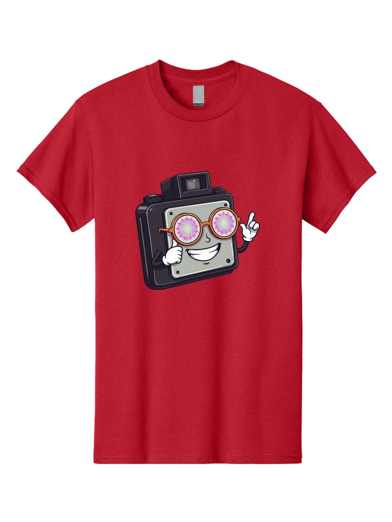 Instant-Camera-Character Men'S Graphic Tee, 100% Cotton, Comfortable Casual Summer Wear, Machine Washable, Cartoon Camera, Sunglasses, Pink Lenses, Funny Character, Playful Vibe, Happy Expression, Creative Illustration, Fun Photography Bae470 6