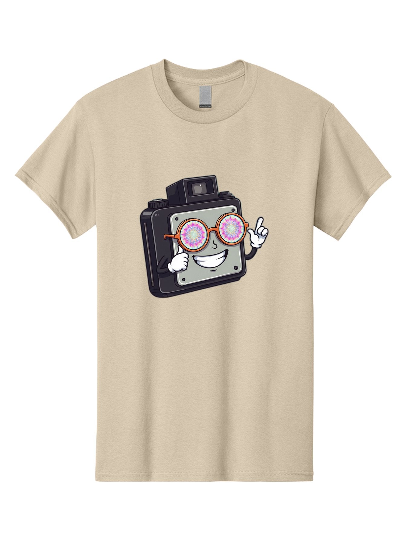 Instant-Camera-Character Men'S Graphic Tee, 100% Cotton, Comfortable Casual Summer Wear, Machine Washable, Cartoon Camera, Sunglasses, Pink Lenses, Funny Character, Playful Vibe, Happy Expression, Creative Illustration, Fun Photography Bae470