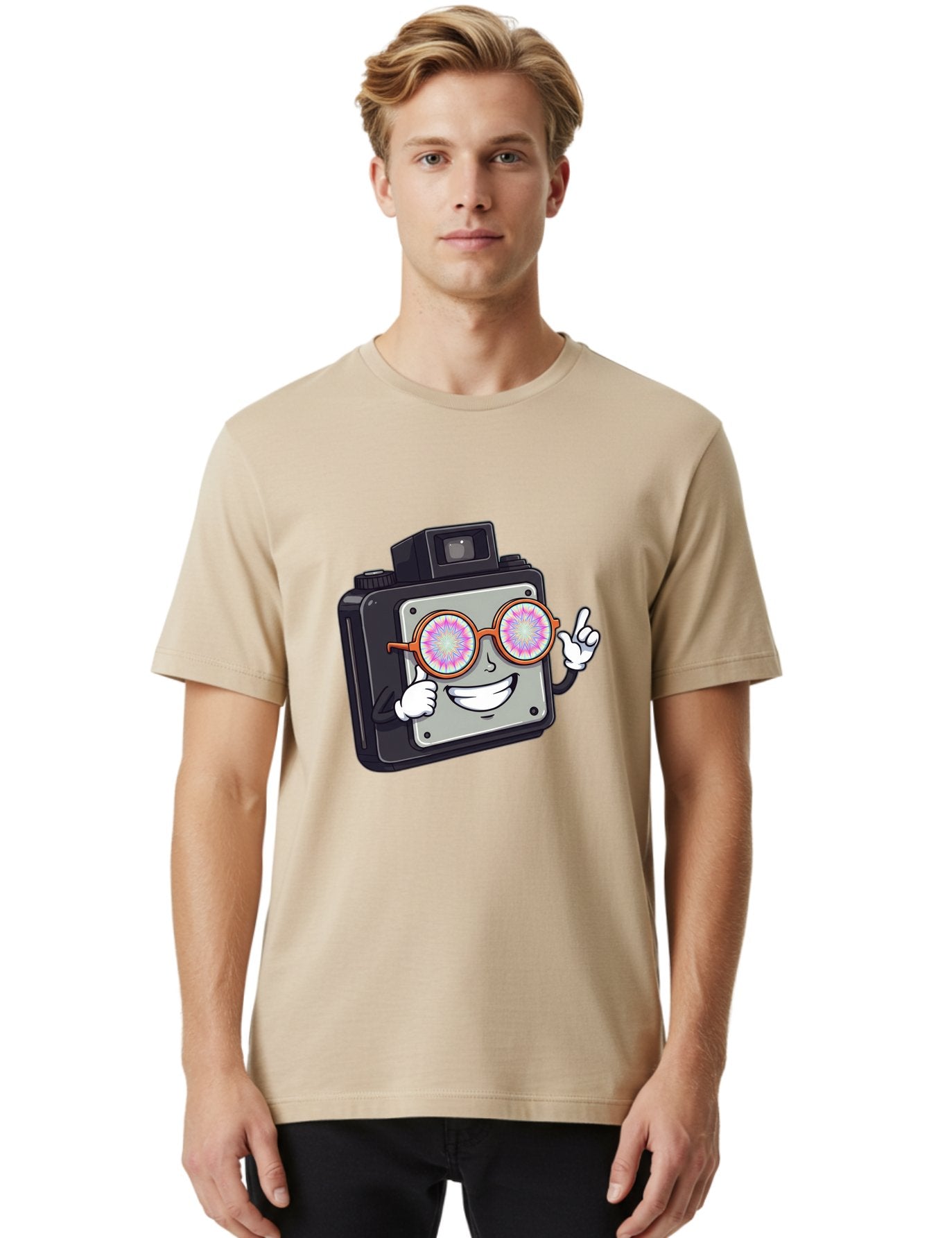 Instant-Camera-Character Men'S Graphic Tee, 100% Cotton, Comfortable Casual Summer Wear, Machine Washable, Cartoon Camera, Sunglasses, Pink Lenses, Funny Character, Playful Vibe, Happy Expression, Creative Illustration, Fun Photography Bae470 19