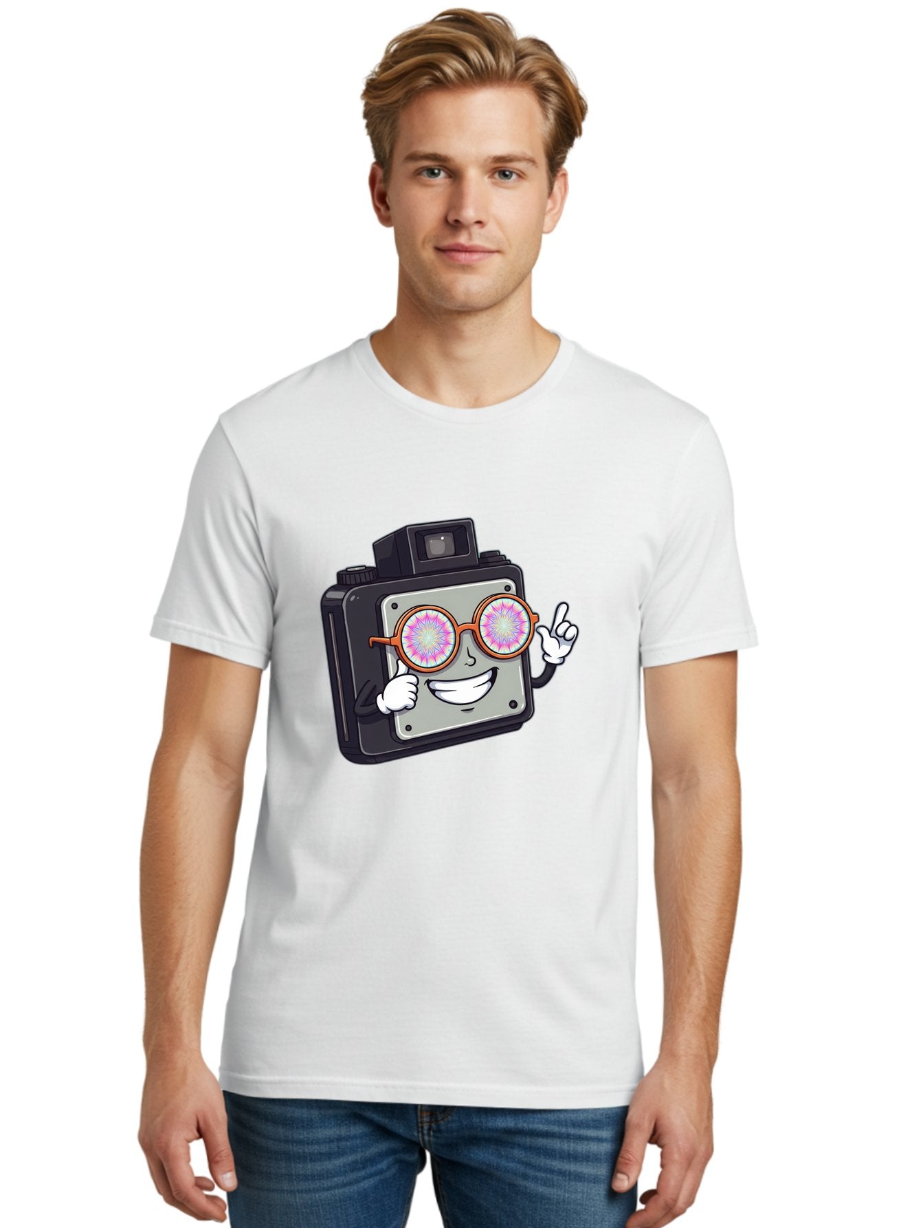 Instant-Camera-Character Men'S Graphic Tee, 100% Cotton, Comfortable Casual Summer Wear, Machine Washable, Cartoon Camera, Sunglasses, Pink Lenses, Funny Character, Playful Vibe, Happy Expression, Creative Illustration, Fun Photography Bae470 28