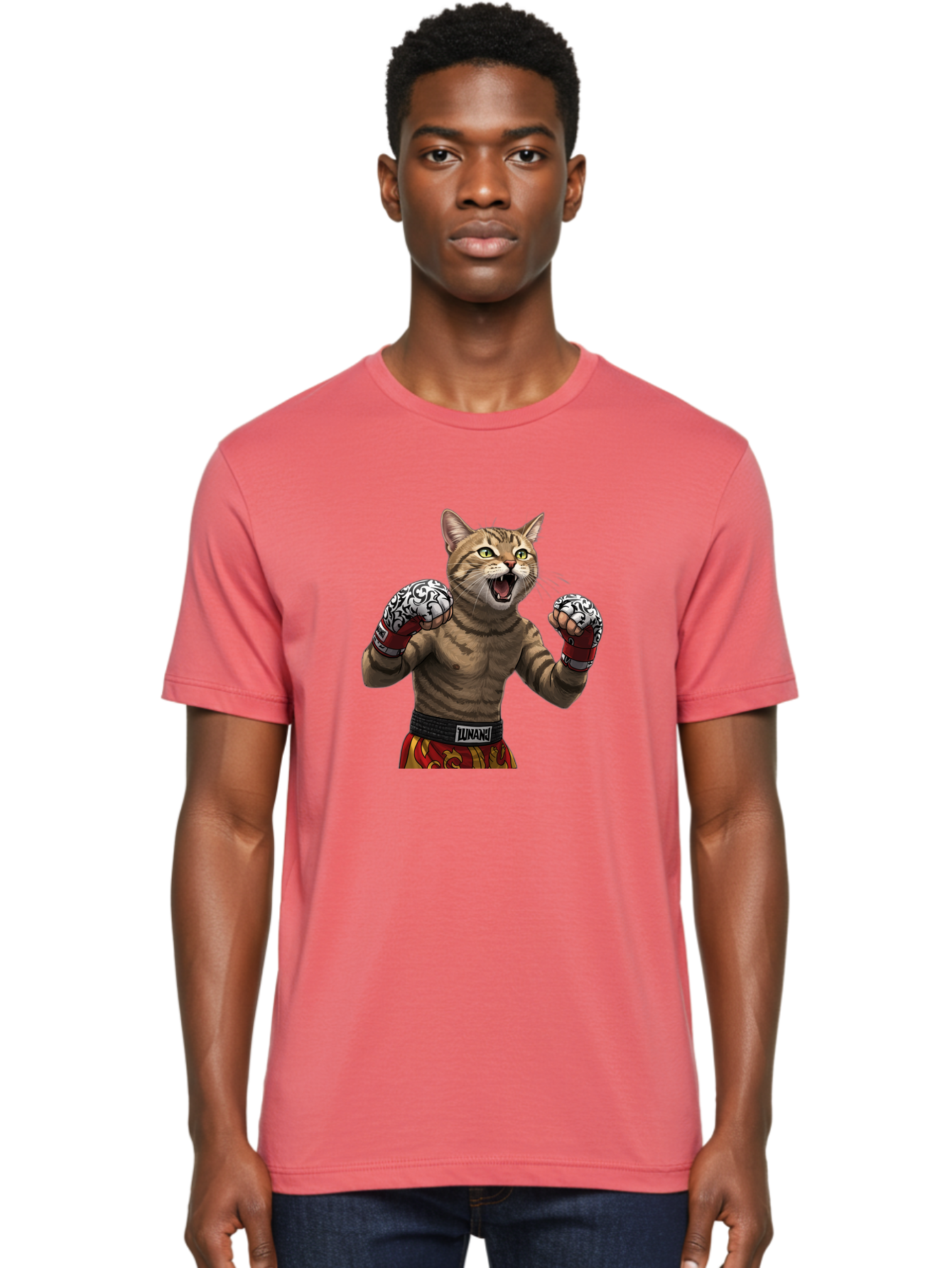 Inunaki Men'S Graphic Tee, 100% Cotton, Comfortable Casual Summer Wear, Machine Washable, Boxing Cat, Muscular Cat, Fighting Stance, Cat With Boxing Gloves, Cartoon Cat, Mixed Martial Arts, Feline Fighter, Lunari Branding, Bold Design, Bae471 24