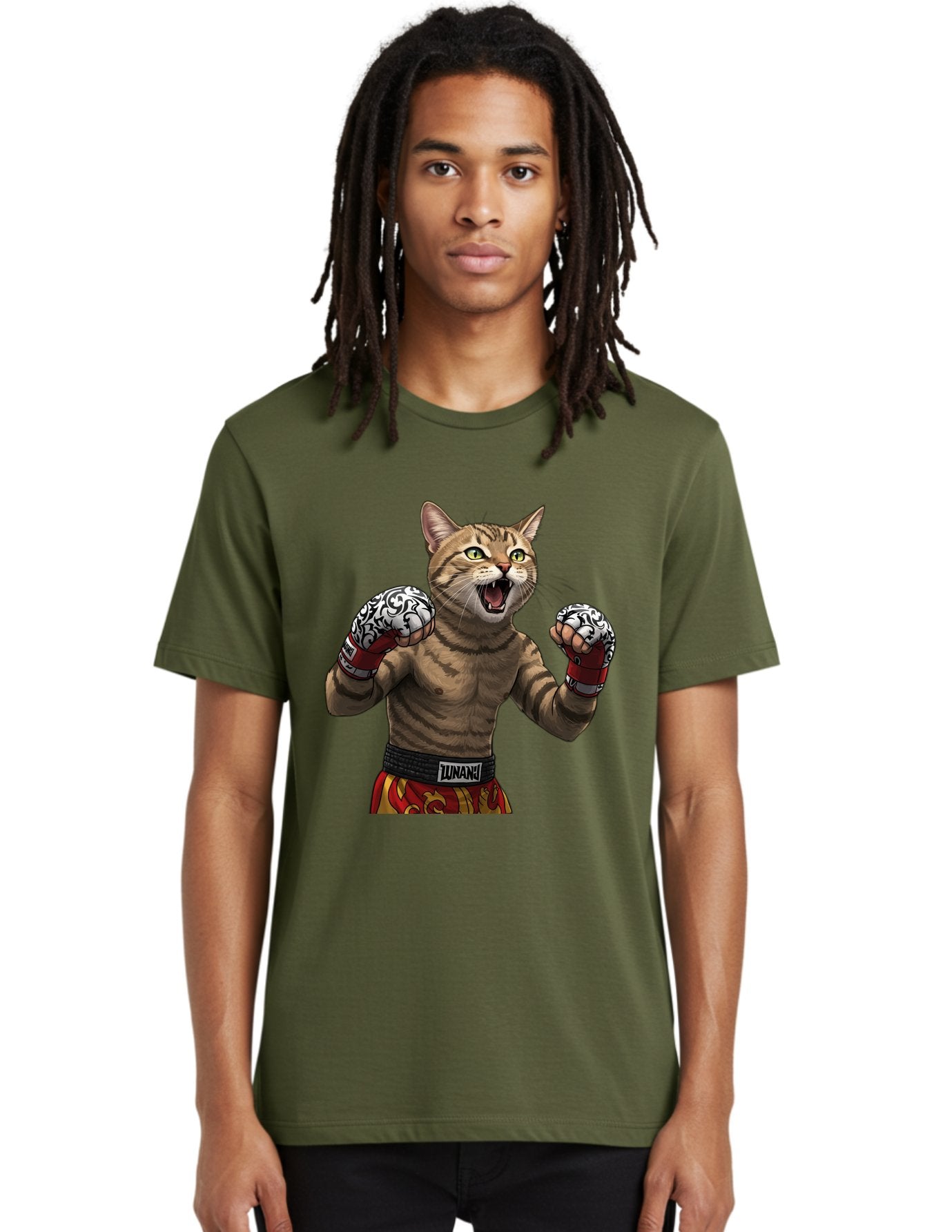 Inunaki Men'S Graphic Tee, 100% Cotton, Comfortable Casual Summer Wear, Machine Washable, Boxing Cat, Muscular Cat, Fighting Stance, Cat With Boxing Gloves, Cartoon Cat, Mixed Martial Arts, Feline Fighter, Lunari Branding, Bold Design, Bae471 25