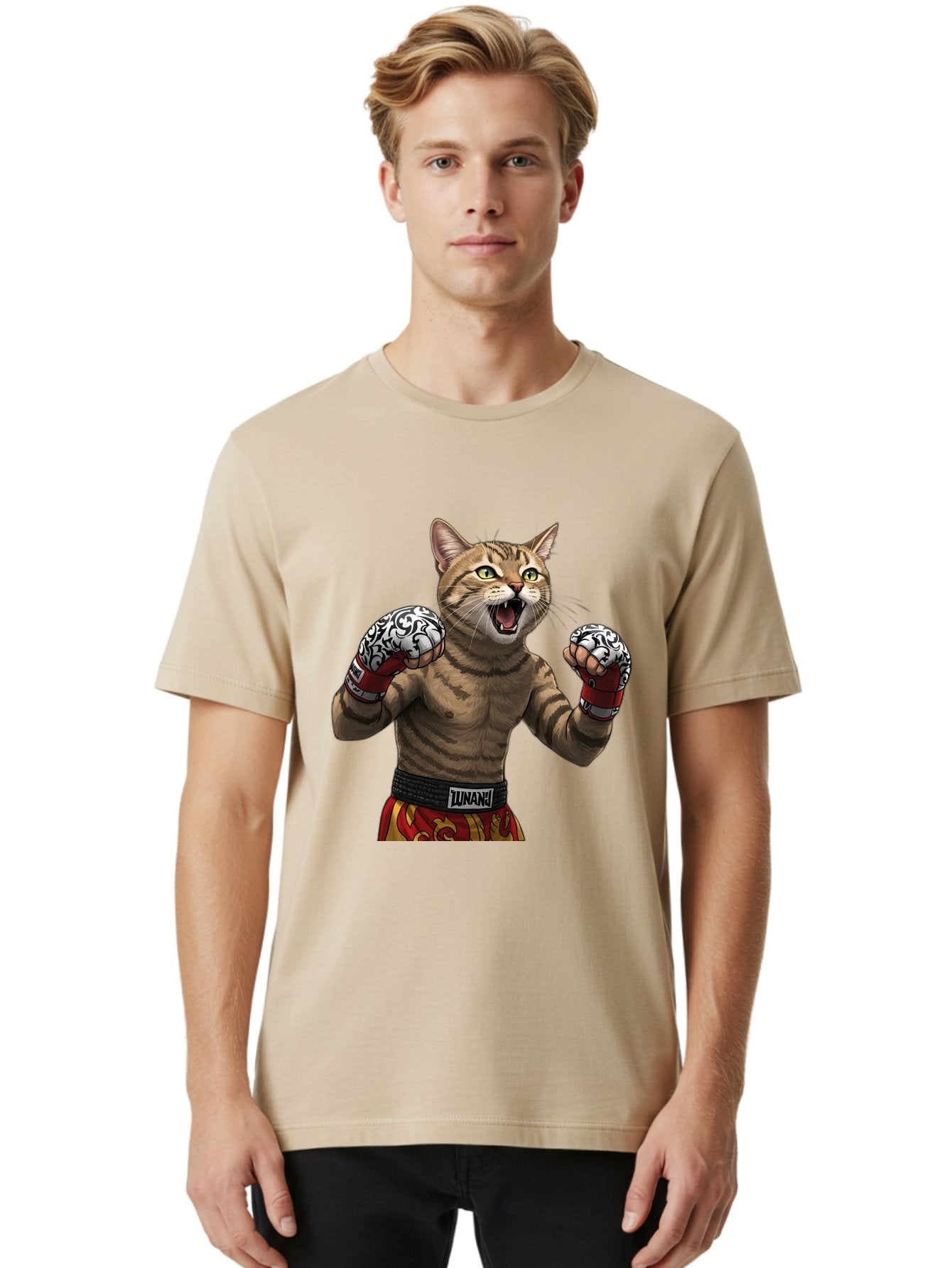 Inunaki Men'S Graphic Tee, 100% Cotton, Comfortable Casual Summer Wear, Machine Washable, Boxing Cat, Muscular Cat, Fighting Stance, Cat With Boxing Gloves, Cartoon Cat, Mixed Martial Arts, Feline Fighter, Lunari Branding, Bold Design, Bae471 17