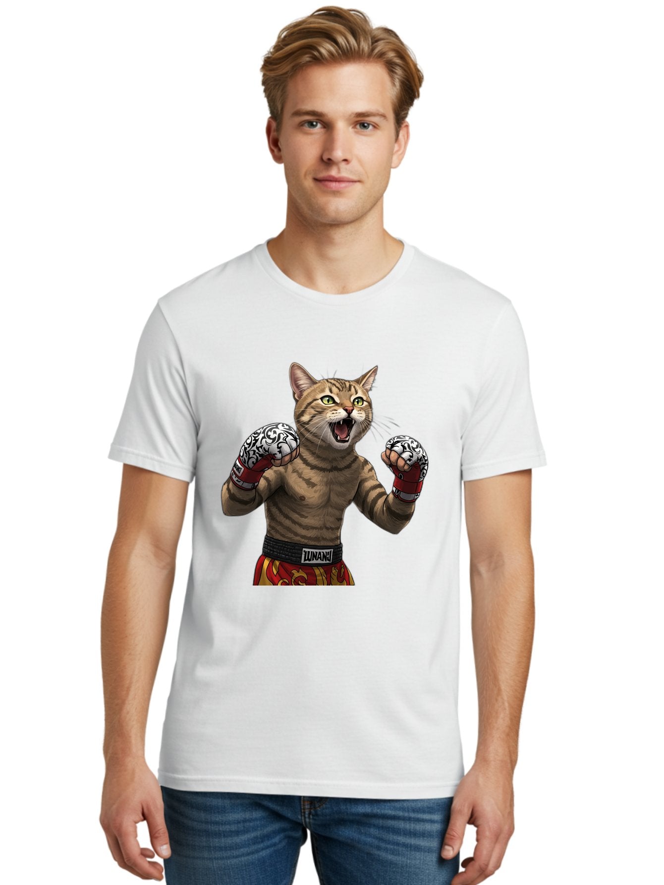 Inunaki Men'S Graphic Tee, 100% Cotton, Comfortable Casual Summer Wear, Machine Washable, Boxing Cat, Muscular Cat, Fighting Stance, Cat With Boxing Gloves, Cartoon Cat, Mixed Martial Arts, Feline Fighter, Lunari Branding, Bold Design, Bae471 27