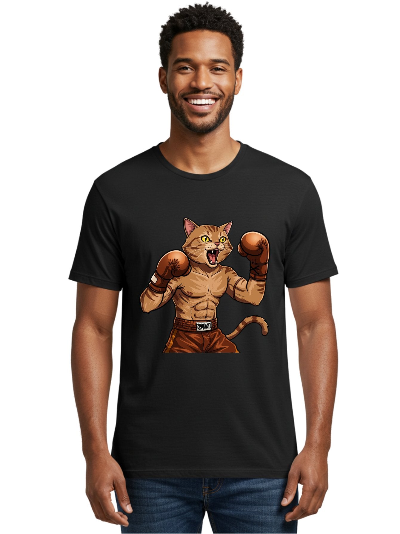 Itnumba Men'S Graphic Tee, 100% Cotton, Comfortable Casual Summer Wear, Machine Washable, Boxing Cat, Cartoon Character, Muscular Feline, Boxing Gloves, Fitness Motivation, Fun Illustration, Tabby Cat, Humorous Design, Anthropomorphic Cat Bae472 26