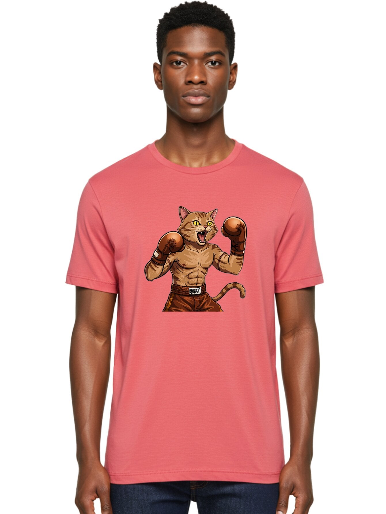 Itnumba Men'S Graphic Tee, 100% Cotton, Comfortable Casual Summer Wear, Machine Washable, Boxing Cat, Cartoon Character, Muscular Feline, Boxing Gloves, Fitness Motivation, Fun Illustration, Tabby Cat, Humorous Design, Anthropomorphic Cat Bae472 24