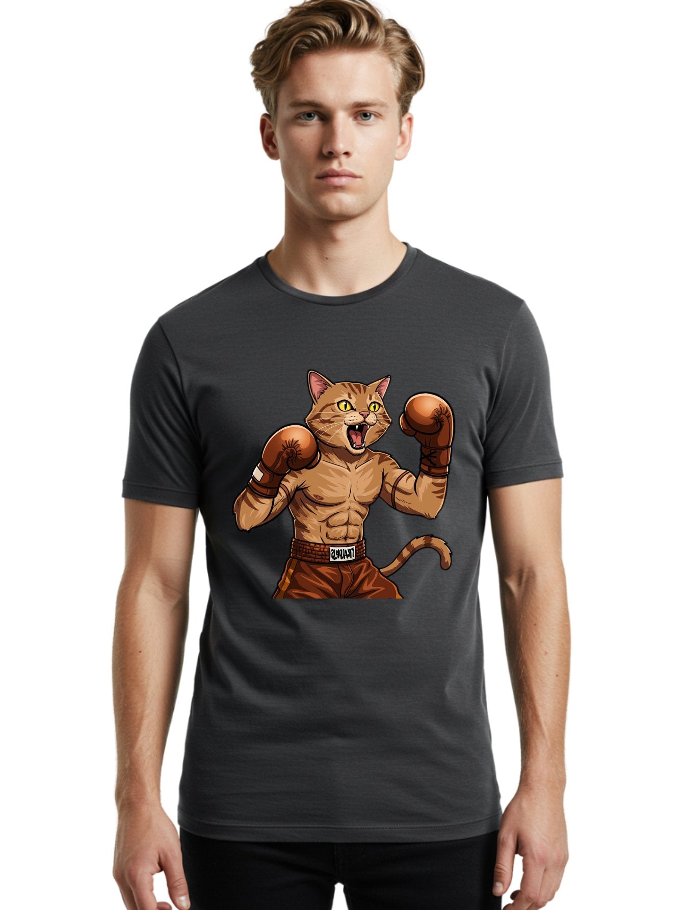 Itnumba Men'S Graphic Tee, 100% Cotton, Comfortable Casual Summer Wear, Machine Washable, Boxing Cat, Cartoon Character, Muscular Feline, Boxing Gloves, Fitness Motivation, Fun Illustration, Tabby Cat, Humorous Design, Anthropomorphic Cat Bae472 20