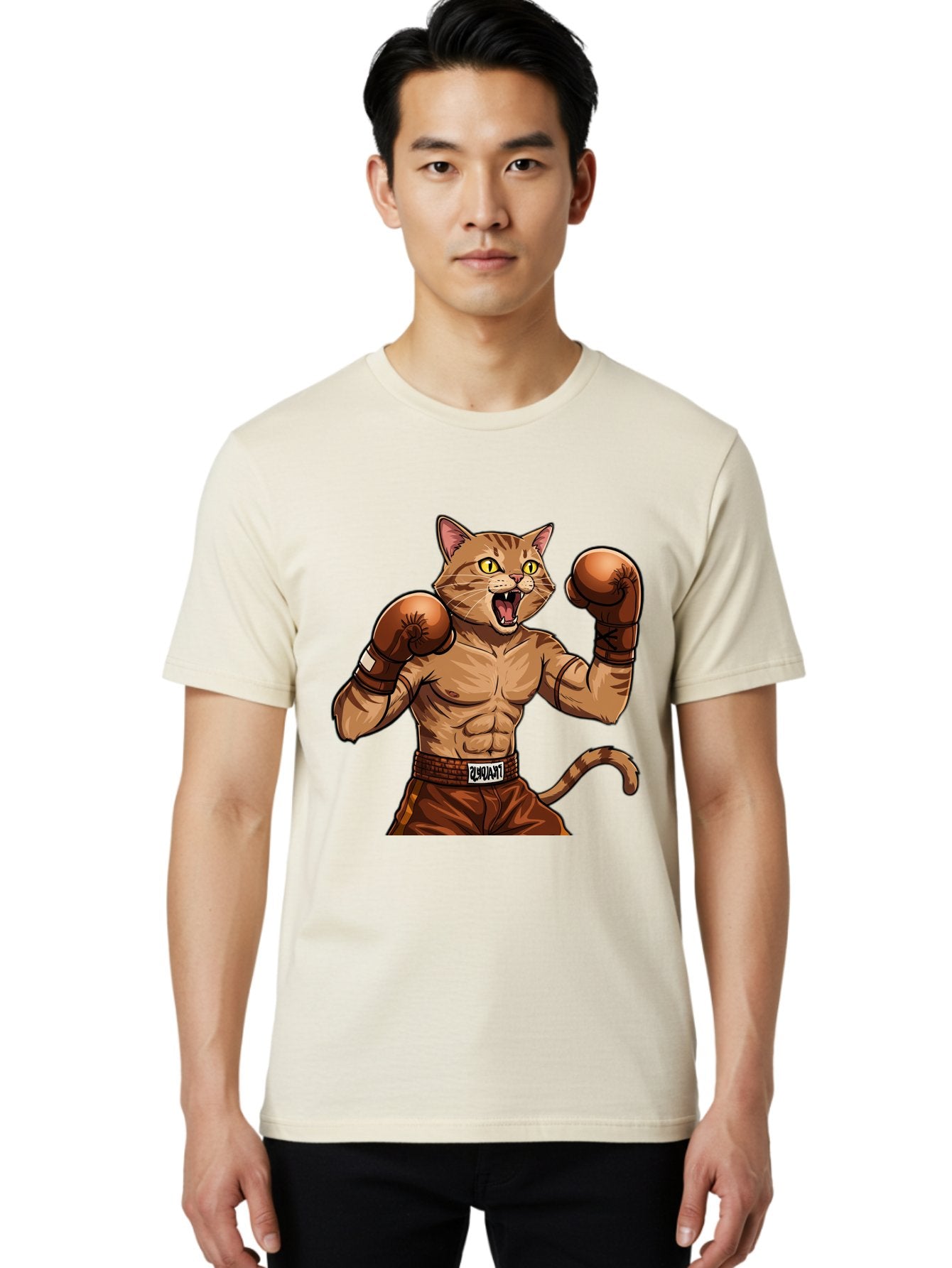 Itnumba Men'S Graphic Tee, 100% Cotton, Comfortable Casual Summer Wear, Machine Washable, Boxing Cat, Cartoon Character, Muscular Feline, Boxing Gloves, Fitness Motivation, Fun Illustration, Tabby Cat, Humorous Design, Anthropomorphic Cat Bae472 17