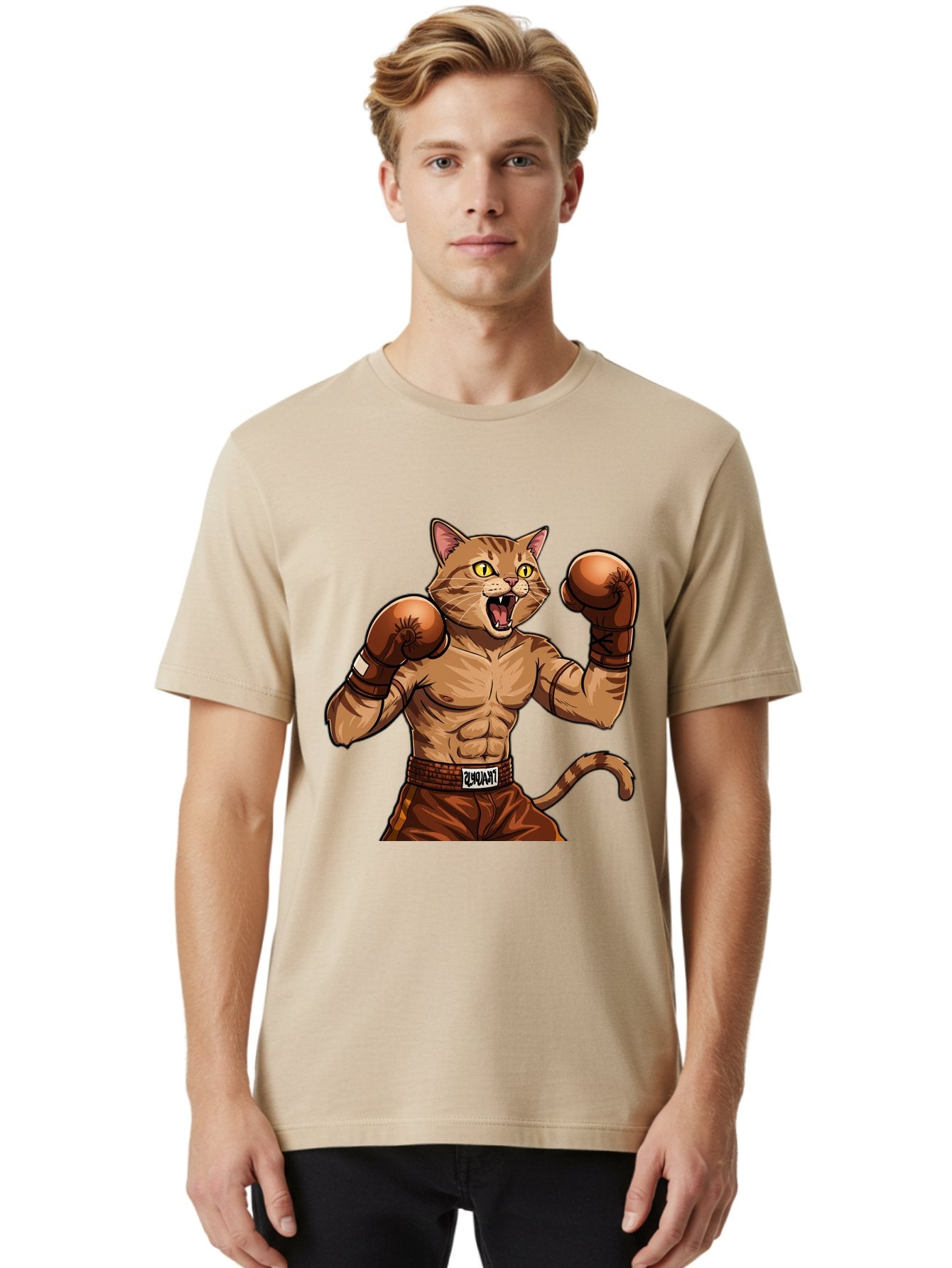Itnumba Men'S Graphic Tee, 100% Cotton, Comfortable Casual Summer Wear, Machine Washable, Boxing Cat, Cartoon Character, Muscular Feline, Boxing Gloves, Fitness Motivation, Fun Illustration, Tabby Cat, Humorous Design, Anthropomorphic Cat Bae472 28