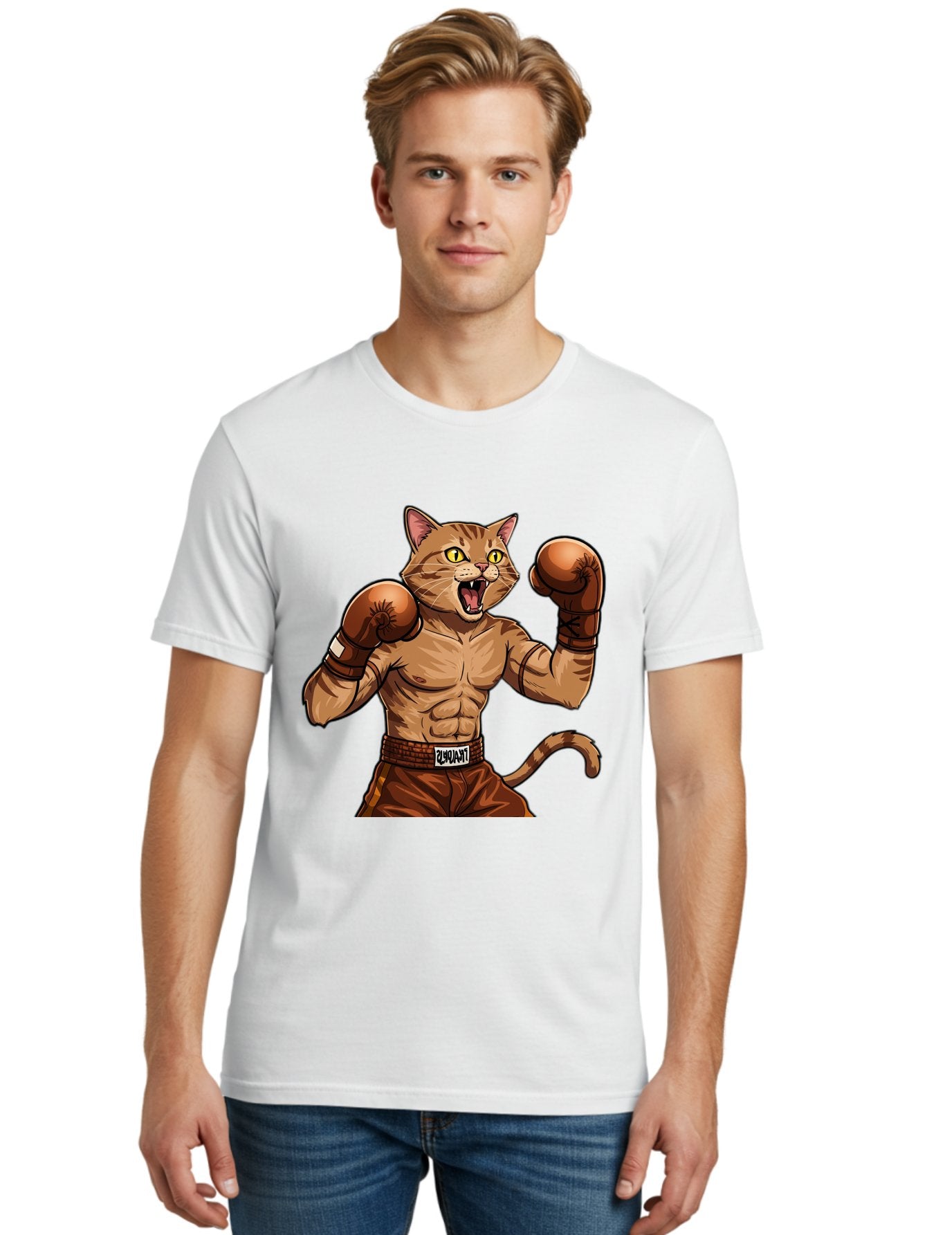 Itnumba Men'S Graphic Tee, 100% Cotton, Comfortable Casual Summer Wear, Machine Washable, Boxing Cat, Cartoon Character, Muscular Feline, Boxing Gloves, Fitness Motivation, Fun Illustration, Tabby Cat, Humorous Design, Anthropomorphic Cat Bae472 21