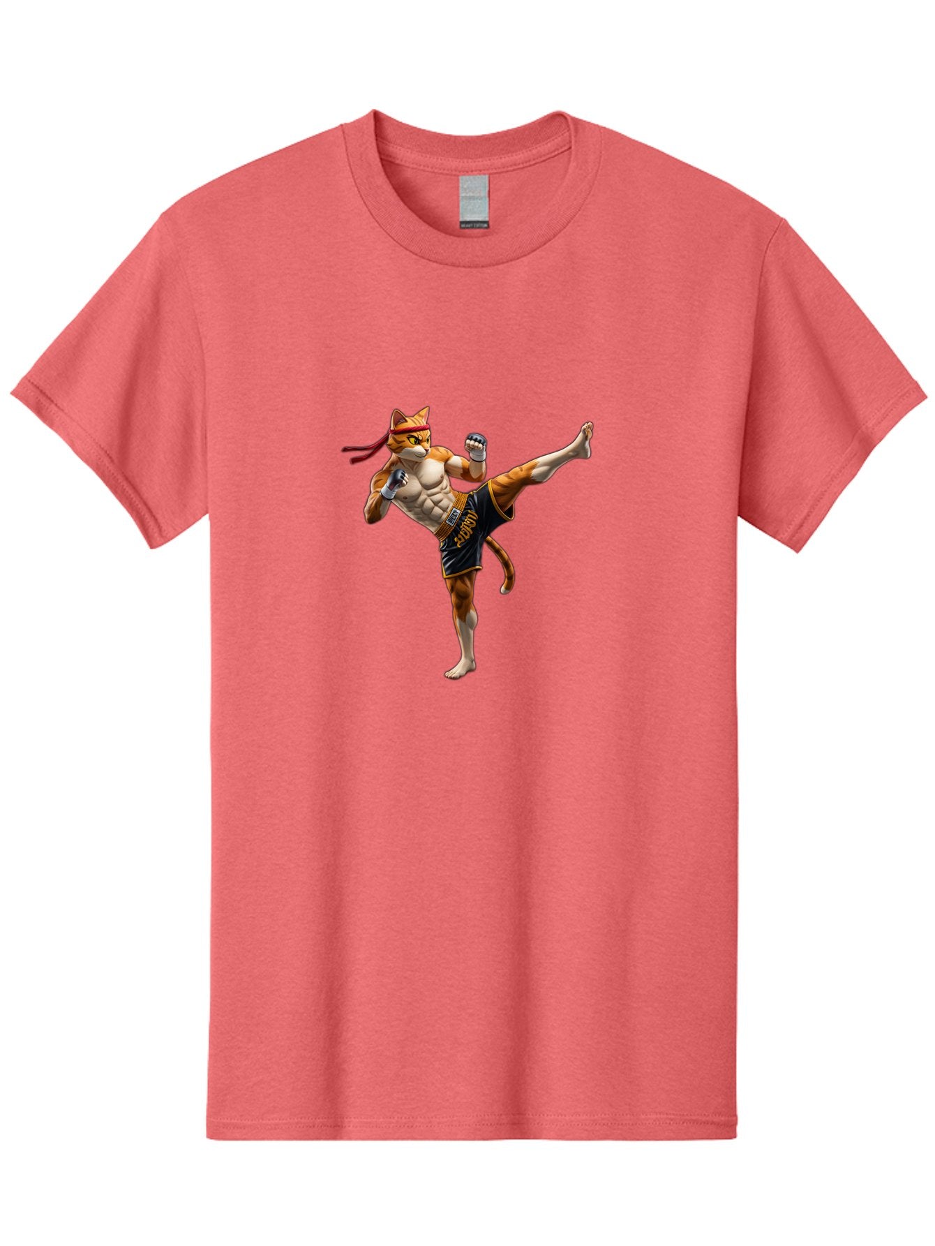 Kitt Men'S Graphic Tee, 100% Cotton, Comfortable Casual Summer Wear, Machine Washable, Cartoon Cat In Muay Thai Stance, Kickboxing Pose, Martial Arts, Athletic Physique, Orange Cat With Red Headband, Fighting Stance, Dynamic Action Bae478