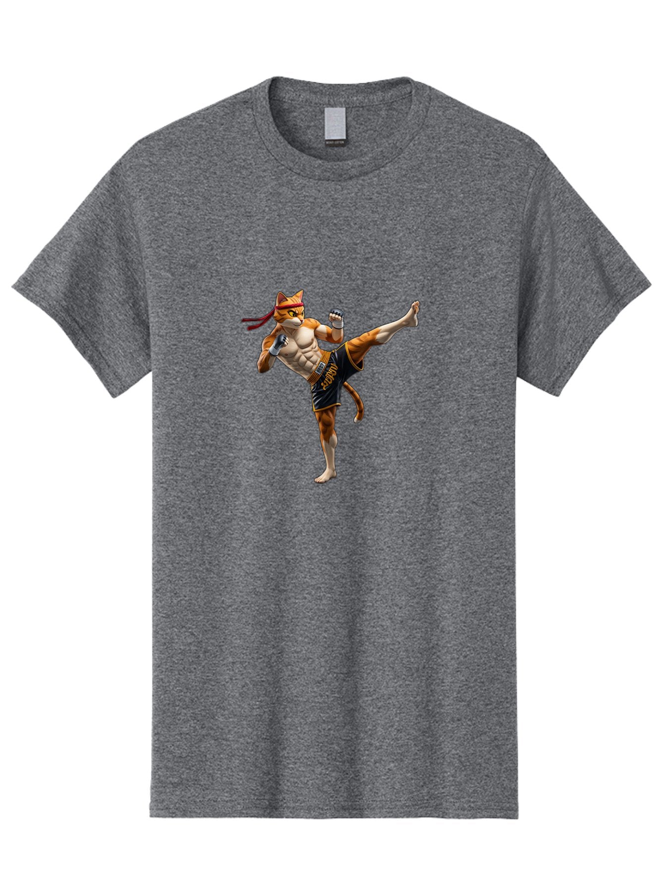 Kitt Men'S Graphic Tee, 100% Cotton, Comfortable Casual Summer Wear, Machine Washable, Cartoon Cat In Muay Thai Stance, Kickboxing Pose, Martial Arts, Athletic Physique, Orange Cat With Red Headband, Fighting Stance, Dynamic Action Bae478 12