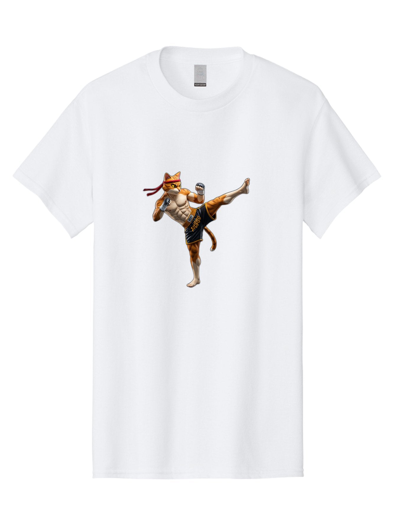 Kitt Men'S Graphic Tee, 100% Cotton, Comfortable Casual Summer Wear, Machine Washable, Cartoon Cat In Muay Thai Stance, Kickboxing Pose, Martial Arts, Athletic Physique, Orange Cat With Red Headband, Fighting Stance, Dynamic Action Bae478 13