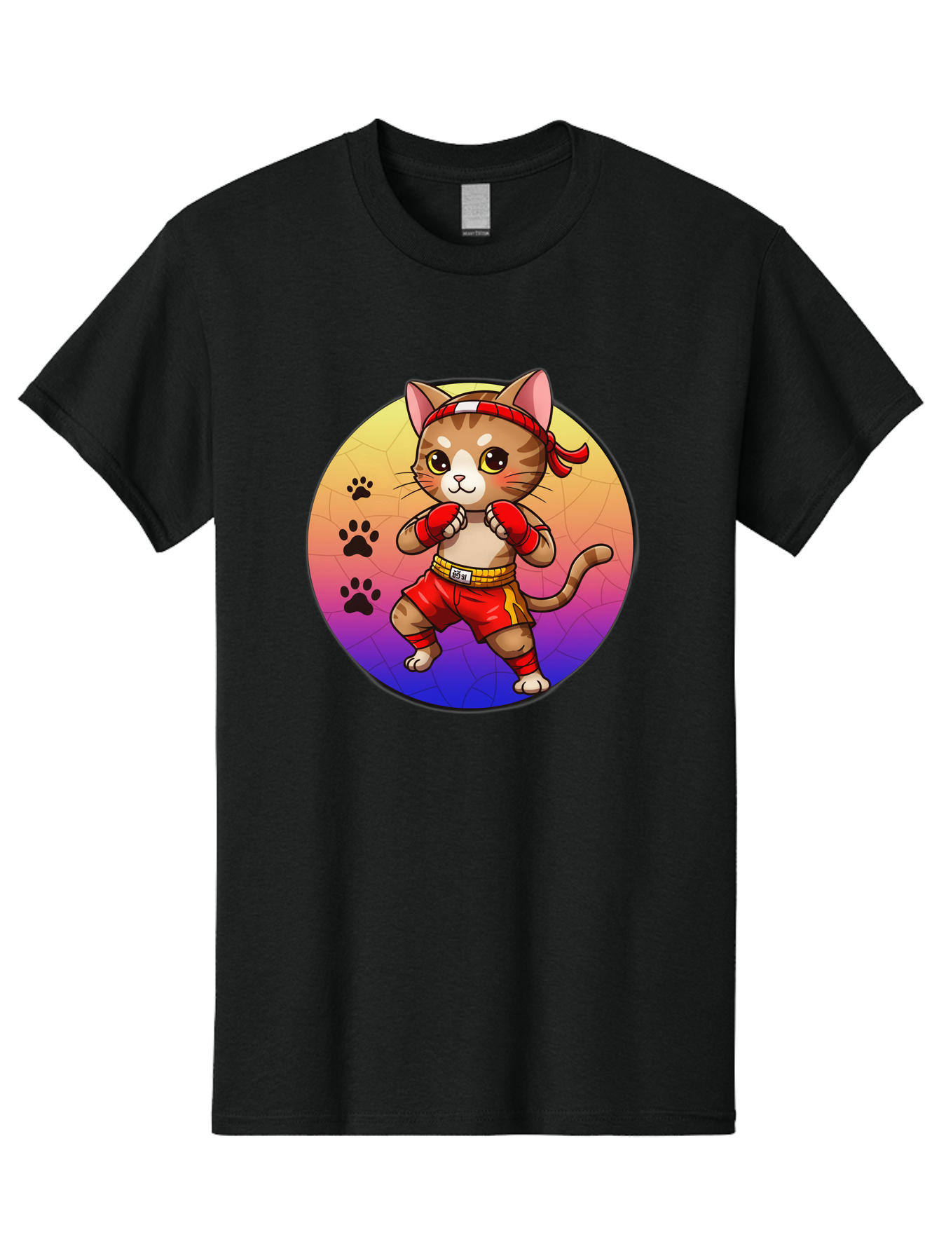 Kitty-Muay-Thai Men'S Graphic Tee, 100% Cotton, Comfortable Casual Summer Wear, Machine Washable, Cartoon Cat, Muay Thai Fighter, Boxing Gloves, Red Shorts, Kawaii Character, Cat Paw Prints, Gradient Background, Martial Arts, Fighting Stance, Bae480 5