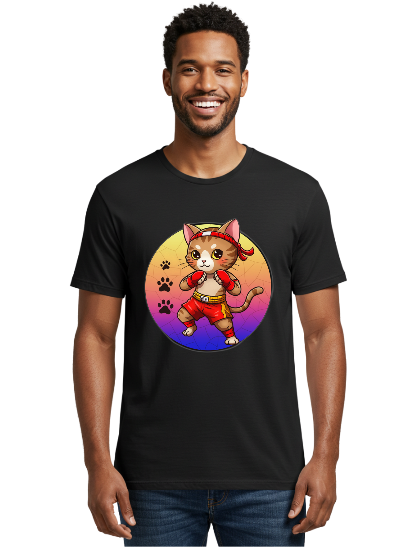 Kitty-Muay-Thai Men'S Graphic Tee, 100% Cotton, Comfortable Casual Summer Wear, Machine Washable, Cartoon Cat, Muay Thai Fighter, Boxing Gloves, Red Shorts, Kawaii Character, Cat Paw Prints, Gradient Background, Martial Arts, Fighting Stance, Bae480 20