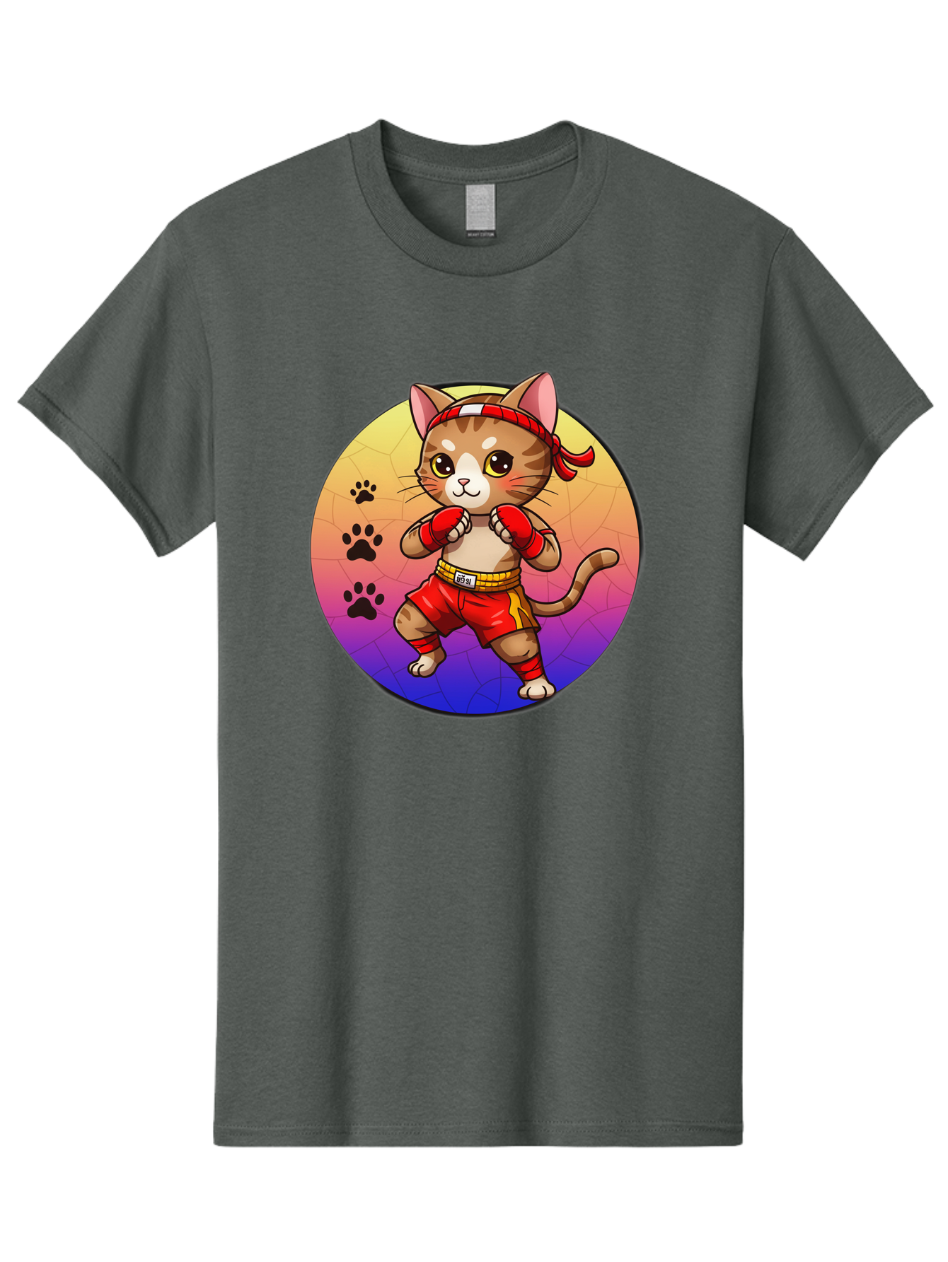 Kitty-Muay-Thai Men'S Graphic Tee, 100% Cotton, Comfortable Casual Summer Wear, Machine Washable, Cartoon Cat, Muay Thai Fighter, Boxing Gloves, Red Shorts, Kawaii Character, Cat Paw Prints, Gradient Background, Martial Arts, Fighting Stance, Bae480 10