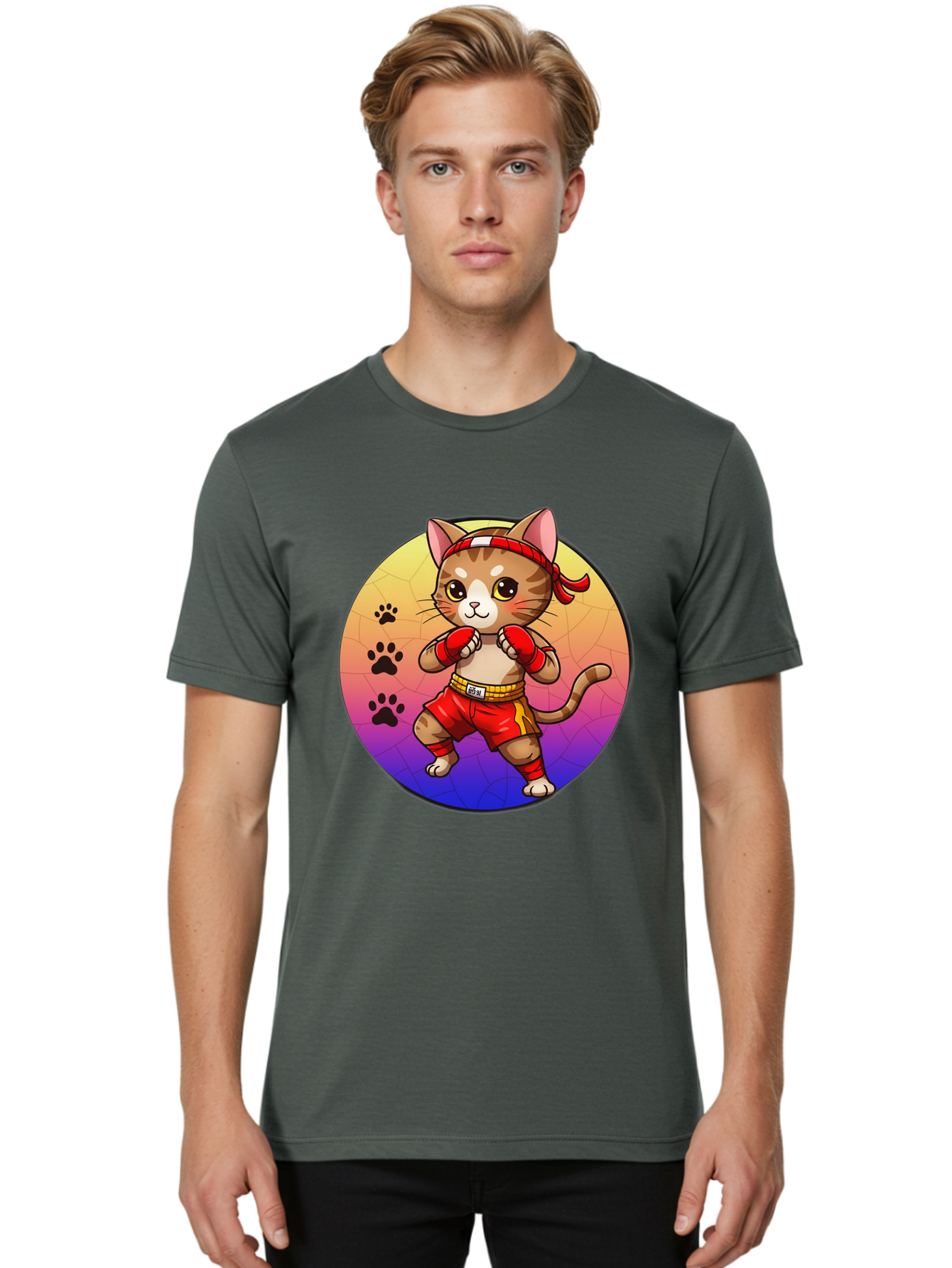 Kitty-Muay-Thai Men'S Graphic Tee, 100% Cotton, Comfortable Casual Summer Wear, Machine Washable, Cartoon Cat, Muay Thai Fighter, Boxing Gloves, Red Shorts, Kawaii Character, Cat Paw Prints, Gradient Background, Martial Arts, Fighting Stance, Bae480 25
