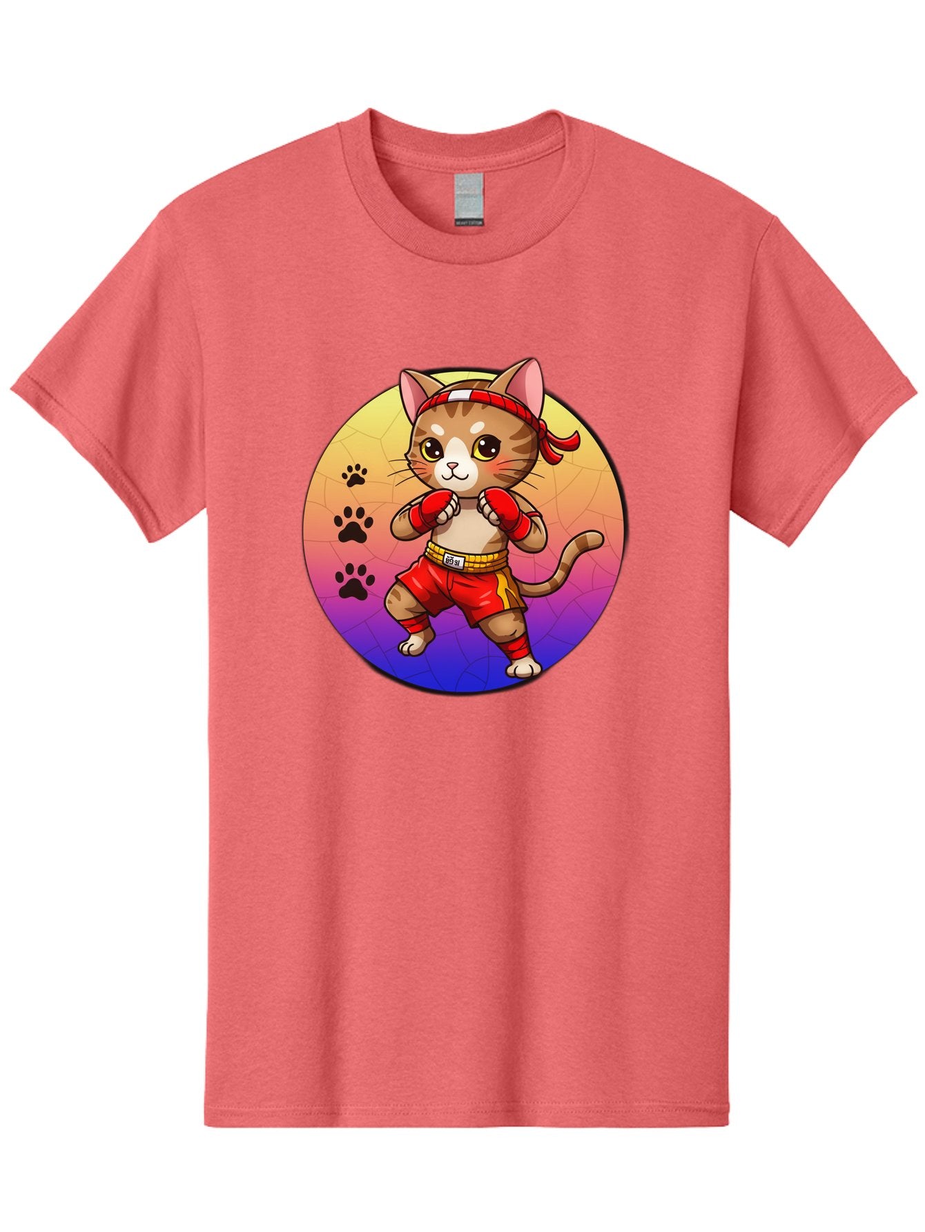 Kitty-Muay-Thai Men'S Graphic Tee, 100% Cotton, Comfortable Casual Summer Wear, Machine Washable, Cartoon Cat, Muay Thai Fighter, Boxing Gloves, Red Shorts, Kawaii Character, Cat Paw Prints, Gradient Background, Martial Arts, Fighting Stance, Bae480 7