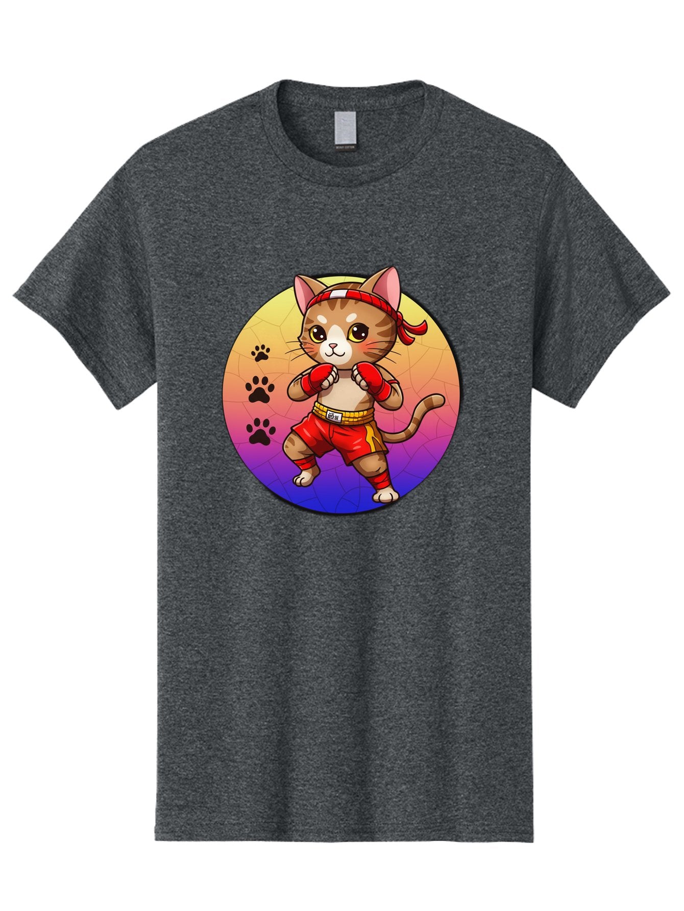 Kitty-Muay-Thai Men'S Graphic Tee, 100% Cotton, Comfortable Casual Summer Wear, Machine Washable, Cartoon Cat, Muay Thai Fighter, Boxing Gloves, Red Shorts, Kawaii Character, Cat Paw Prints, Gradient Background, Martial Arts, Fighting Stance, Bae480 4
