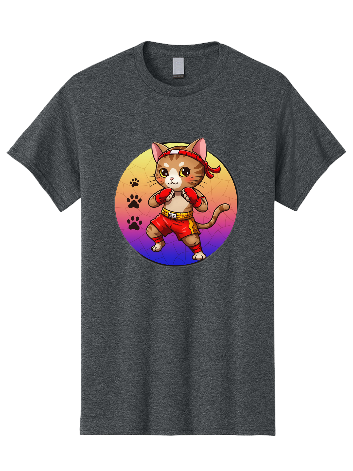 Kitty-Muay-Thai Men'S Graphic Tee, 100% Cotton, Comfortable Casual Summer Wear, Machine Washable, Cartoon Cat, Muay Thai Fighter, Boxing Gloves, Red Shorts, Kawaii Character, Cat Paw Prints, Gradient Background, Martial Arts, Fighting Stance, Bae480 12