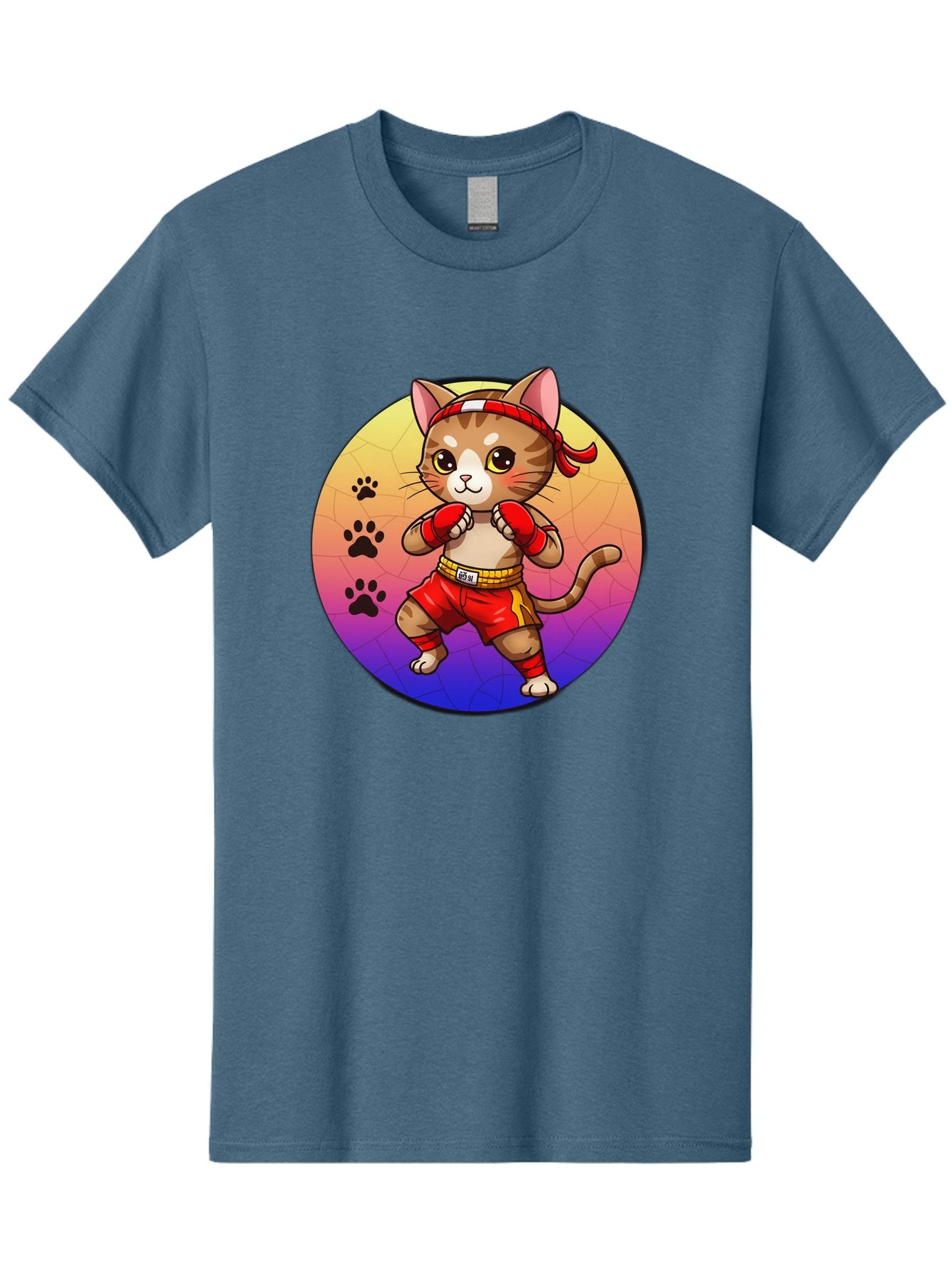 Kitty-Muay-Thai Men'S Graphic Tee, 100% Cotton, Comfortable Casual Summer Wear, Machine Washable, Cartoon Cat, Muay Thai Fighter, Boxing Gloves, Red Shorts, Kawaii Character, Cat Paw Prints, Gradient Background, Martial Arts, Fighting Stance, Bae480 3