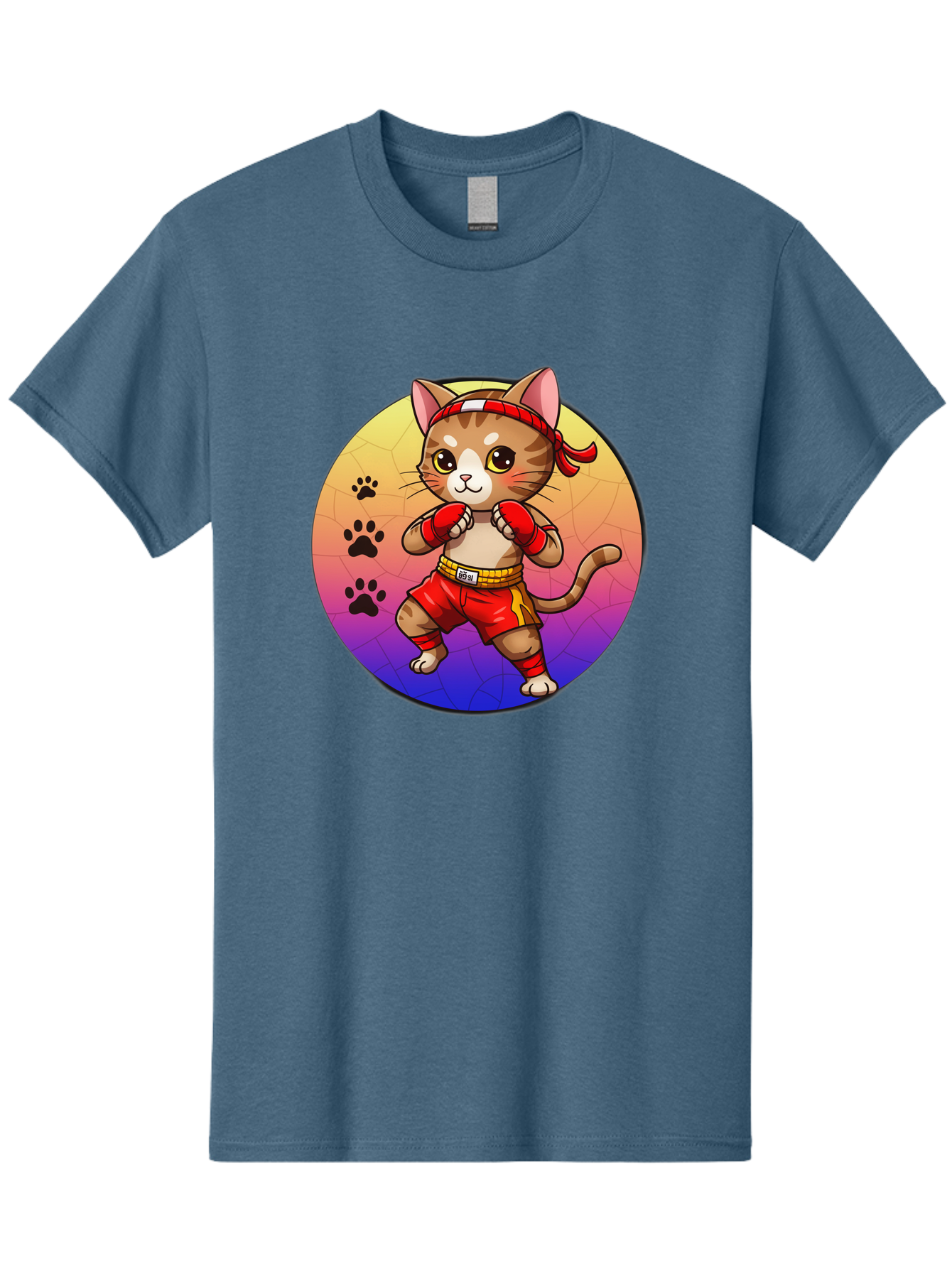 Kitty-Muay-Thai Men'S Graphic Tee, 100% Cotton, Comfortable Casual Summer Wear, Machine Washable, Cartoon Cat, Muay Thai Fighter, Boxing Gloves, Red Shorts, Kawaii Character, Cat Paw Prints, Gradient Background, Martial Arts, Fighting Stance, Bae480 9