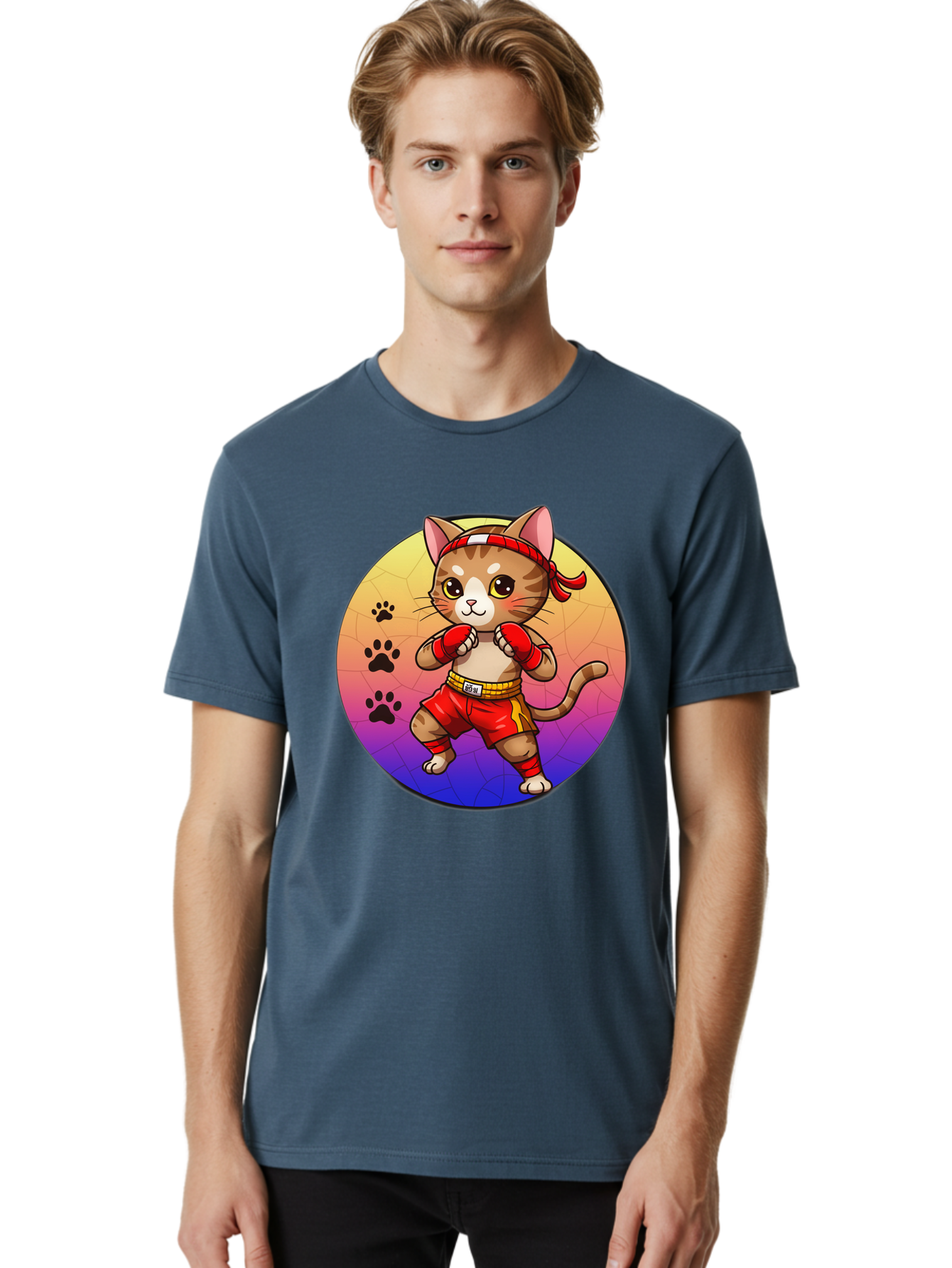 Kitty-Muay-Thai Men'S Graphic Tee, 100% Cotton, Comfortable Casual Summer Wear, Machine Washable, Cartoon Cat, Muay Thai Fighter, Boxing Gloves, Red Shorts, Kawaii Character, Cat Paw Prints, Gradient Background, Martial Arts, Fighting Stance, Bae480 24