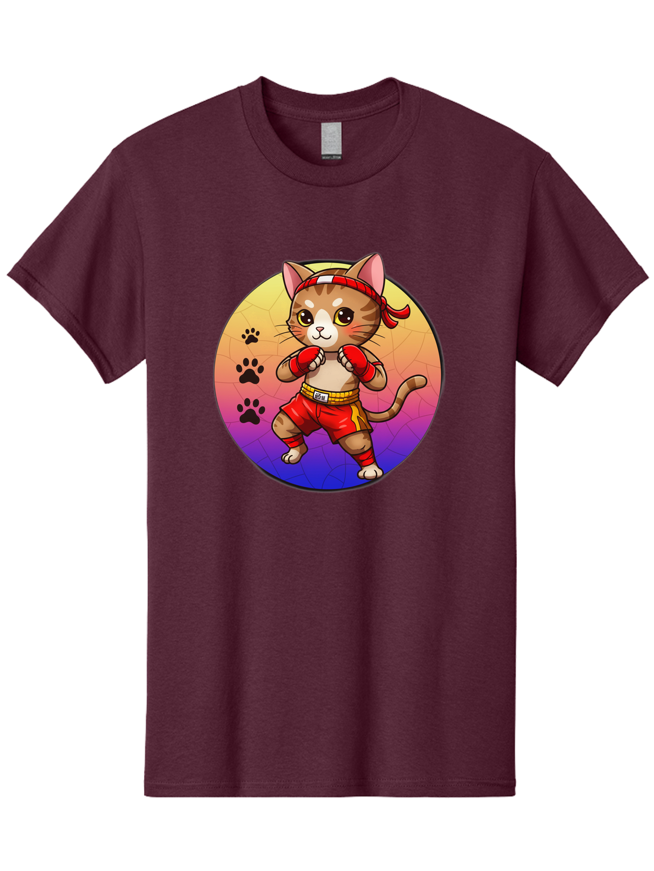 Kitty-Muay-Thai Men'S Graphic Tee, 100% Cotton, Comfortable Casual Summer Wear, Machine Washable, Cartoon Cat, Muay Thai Fighter, Boxing Gloves, Red Shorts, Kawaii Character, Cat Paw Prints, Gradient Background, Martial Arts, Fighting Stance, Bae480 7