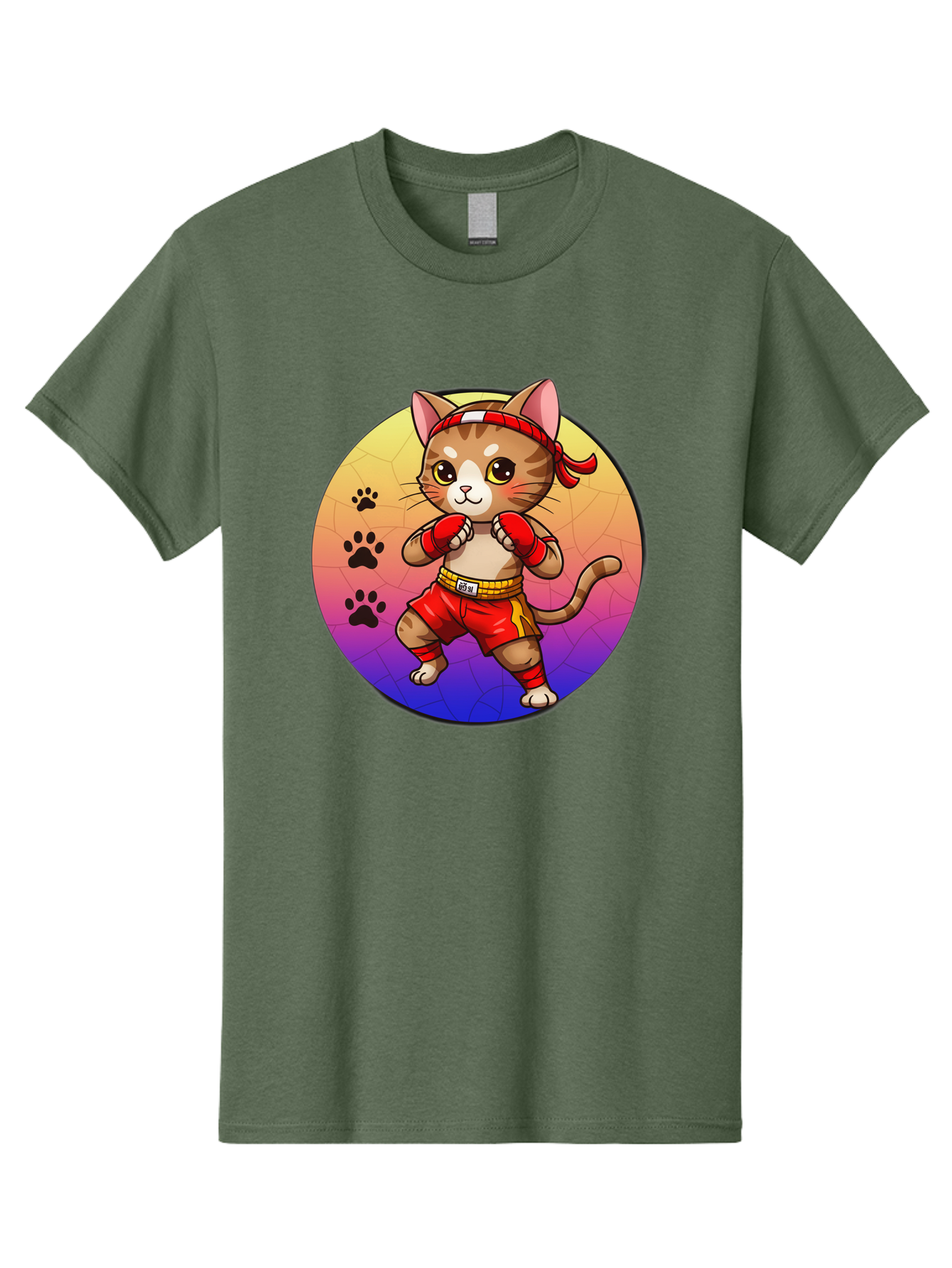 Kitty-Muay-Thai Men'S Graphic Tee, 100% Cotton, Comfortable Casual Summer Wear, Machine Washable, Cartoon Cat, Muay Thai Fighter, Boxing Gloves, Red Shorts, Kawaii Character, Cat Paw Prints, Gradient Background, Martial Arts, Fighting Stance, Bae480 8