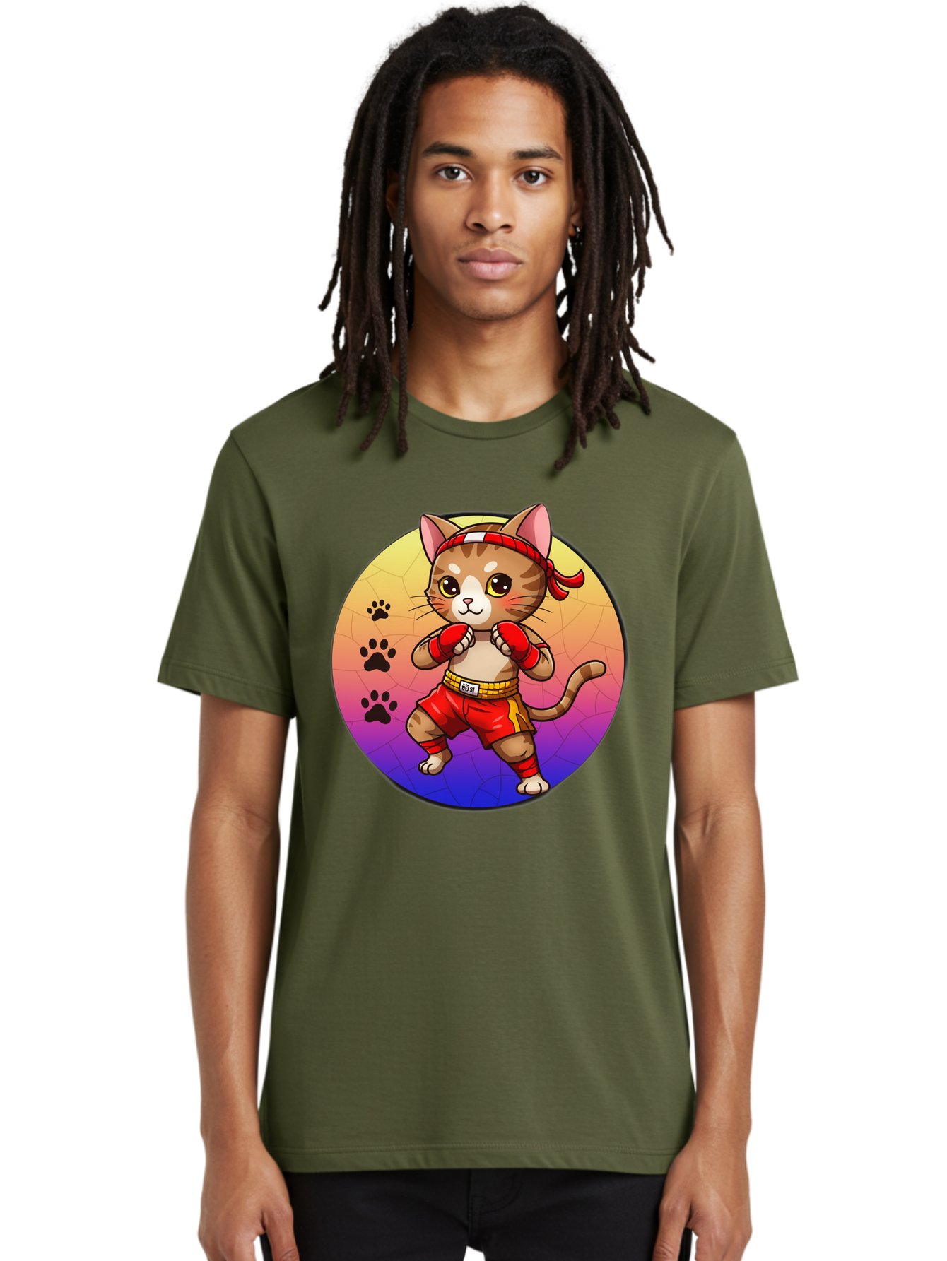 Kitty-Muay-Thai Men'S Graphic Tee, 100% Cotton, Comfortable Casual Summer Wear, Machine Washable, Cartoon Cat, Muay Thai Fighter, Boxing Gloves, Red Shorts, Kawaii Character, Cat Paw Prints, Gradient Background, Martial Arts, Fighting Stance, Bae480 23