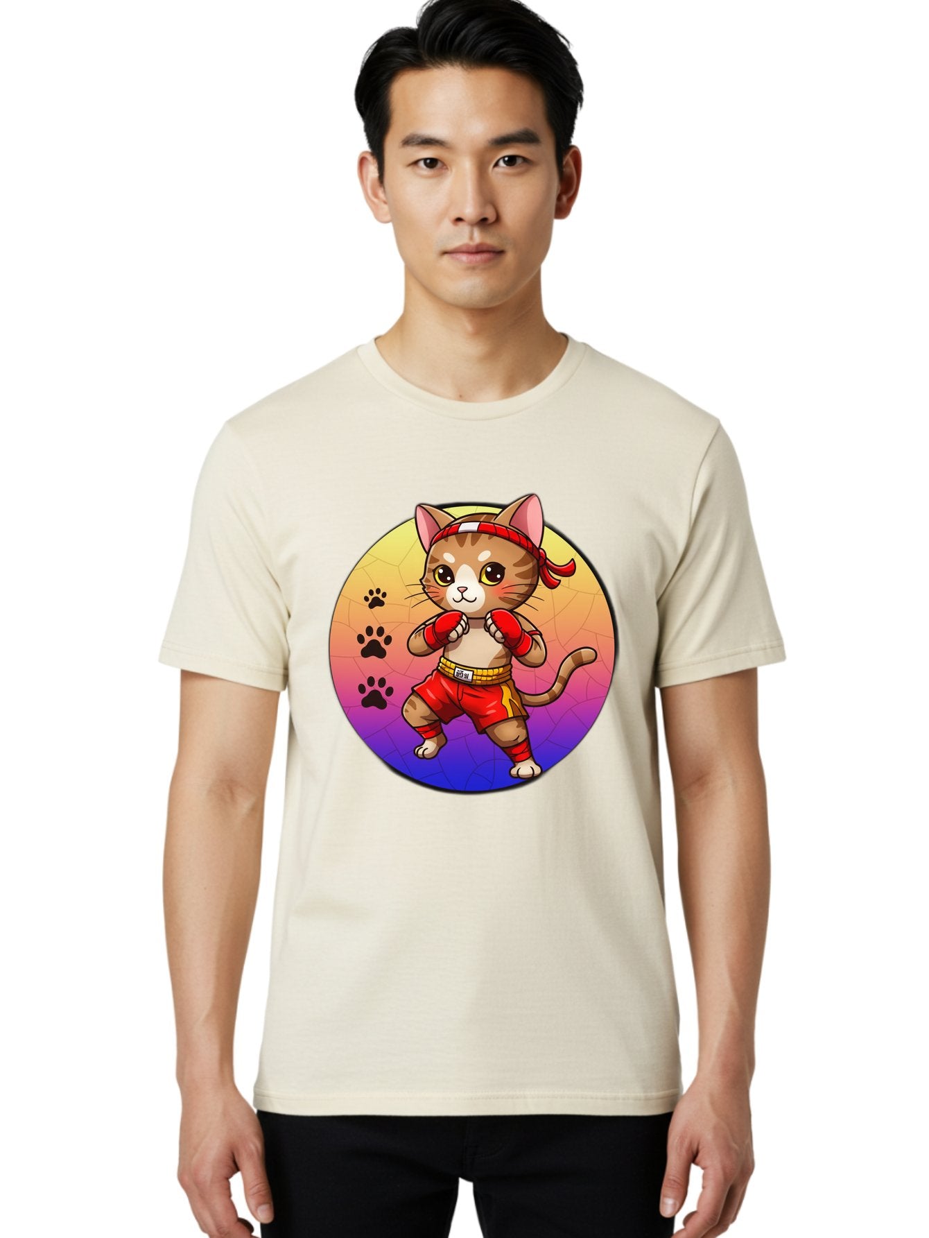 Kitty-Muay-Thai Men'S Graphic Tee, 100% Cotton, Comfortable Casual Summer Wear, Machine Washable, Cartoon Cat, Muay Thai Fighter, Boxing Gloves, Red Shorts, Kawaii Character, Cat Paw Prints, Gradient Background, Martial Arts, Fighting Stance, Bae480 29