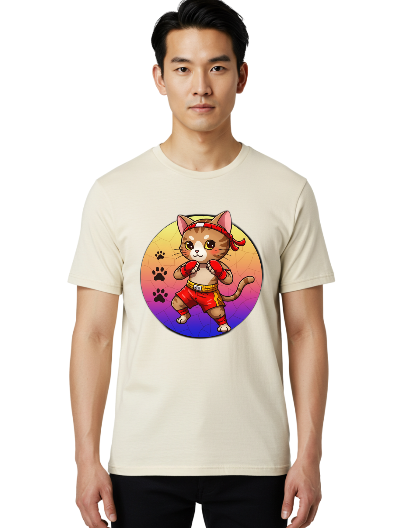 Kitty-Muay-Thai Men'S Graphic Tee, 100% Cotton, Comfortable Casual Summer Wear, Machine Washable, Cartoon Cat, Muay Thai Fighter, Boxing Gloves, Red Shorts, Kawaii Character, Cat Paw Prints, Gradient Background, Martial Arts, Fighting Stance, Bae480 17