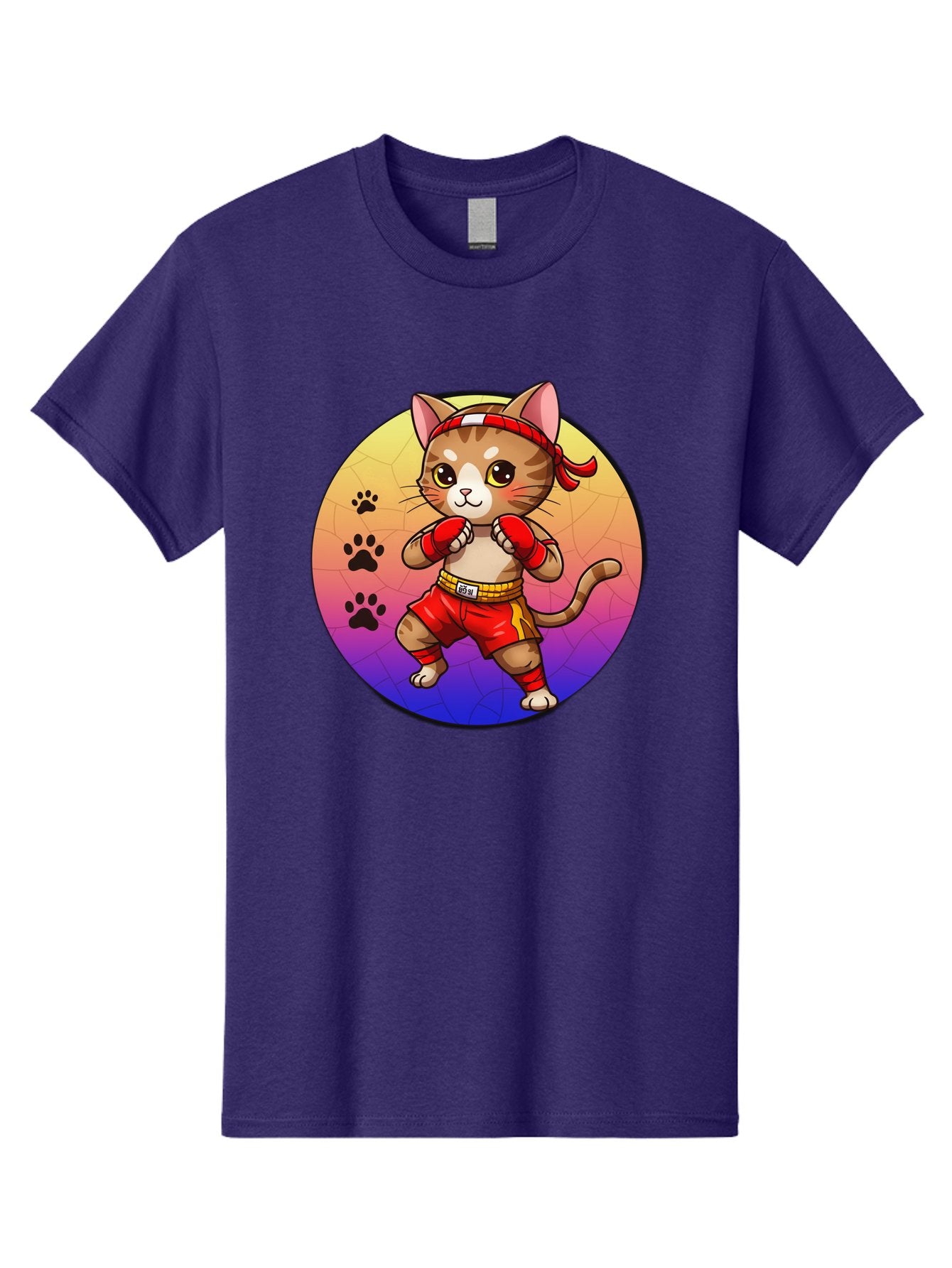 Kitty-Muay-Thai Men'S Graphic Tee, 100% Cotton, Comfortable Casual Summer Wear, Machine Washable, Cartoon Cat, Muay Thai Fighter, Boxing Gloves, Red Shorts, Kawaii Character, Cat Paw Prints, Gradient Background, Martial Arts, Fighting Stance, Bae480 12