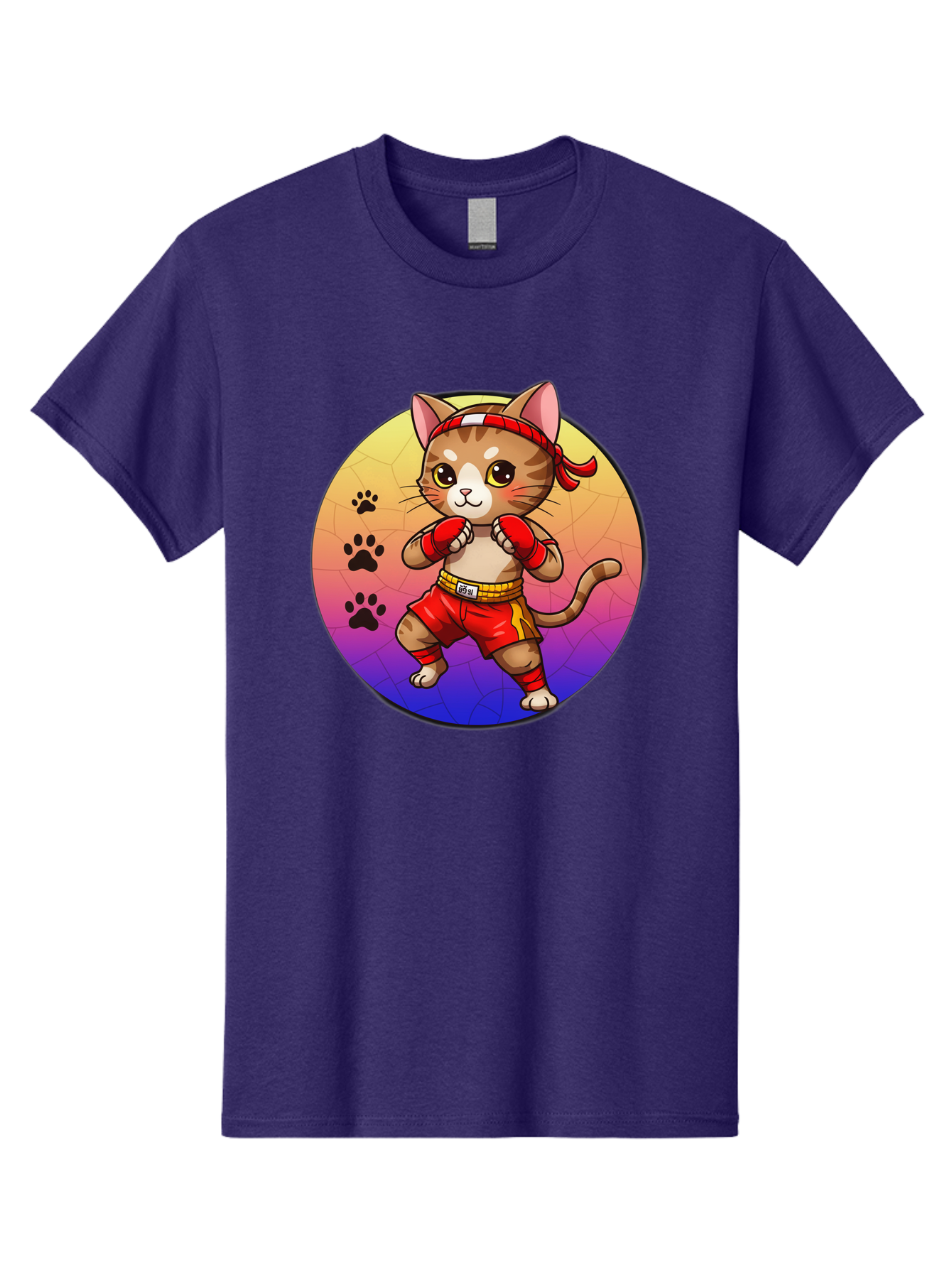 Kitty-Muay-Thai Men'S Graphic Tee, 100% Cotton, Comfortable Casual Summer Wear, Machine Washable, Cartoon Cat, Muay Thai Fighter, Boxing Gloves, Red Shorts, Kawaii Character, Cat Paw Prints, Gradient Background, Martial Arts, Fighting Stance, Bae480 3