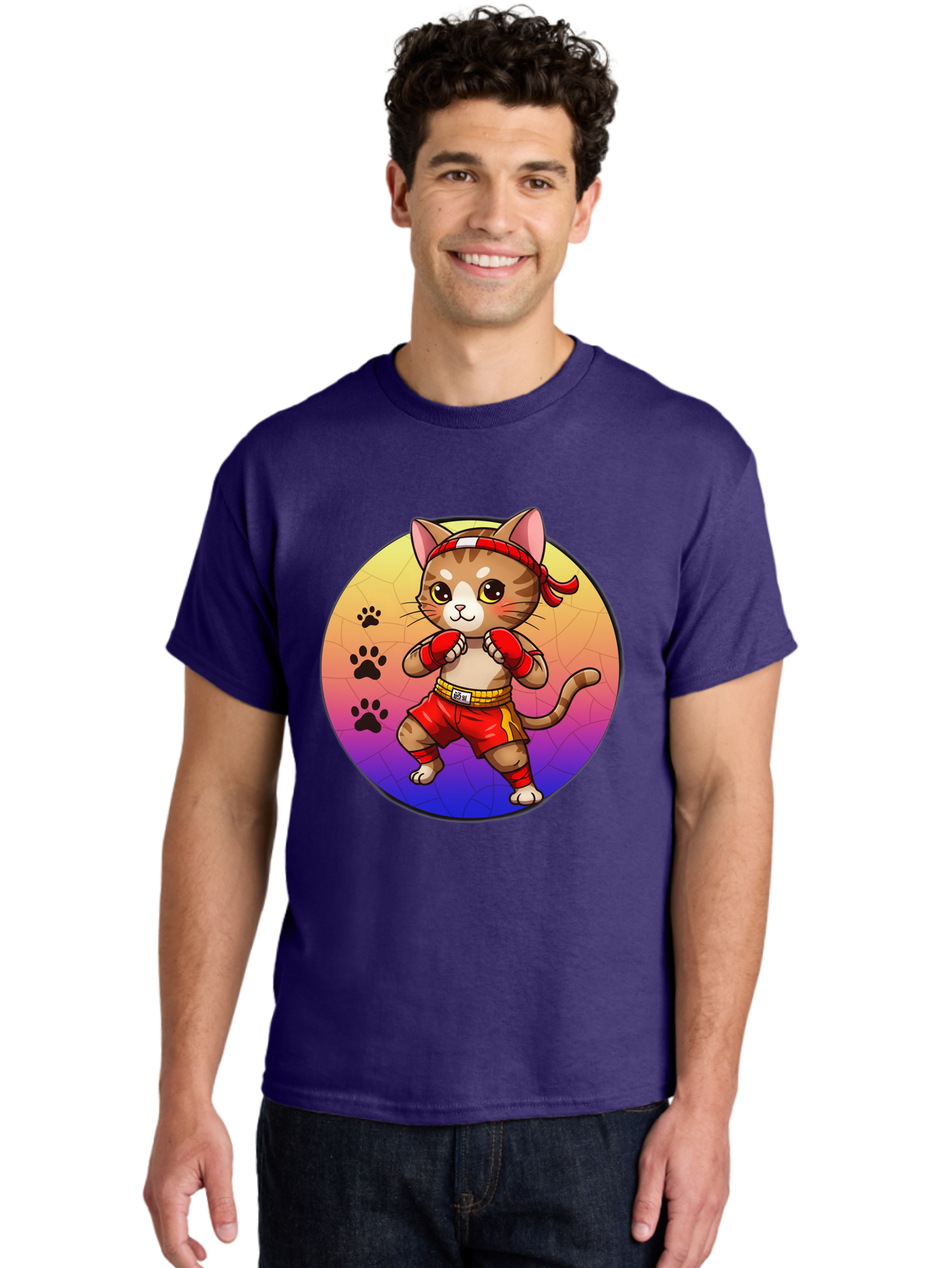 Kitty-Muay-Thai Men'S Graphic Tee, 100% Cotton, Comfortable Casual Summer Wear, Machine Washable, Cartoon Cat, Muay Thai Fighter, Boxing Gloves, Red Shorts, Kawaii Character, Cat Paw Prints, Gradient Background, Martial Arts, Fighting Stance, Bae480 18