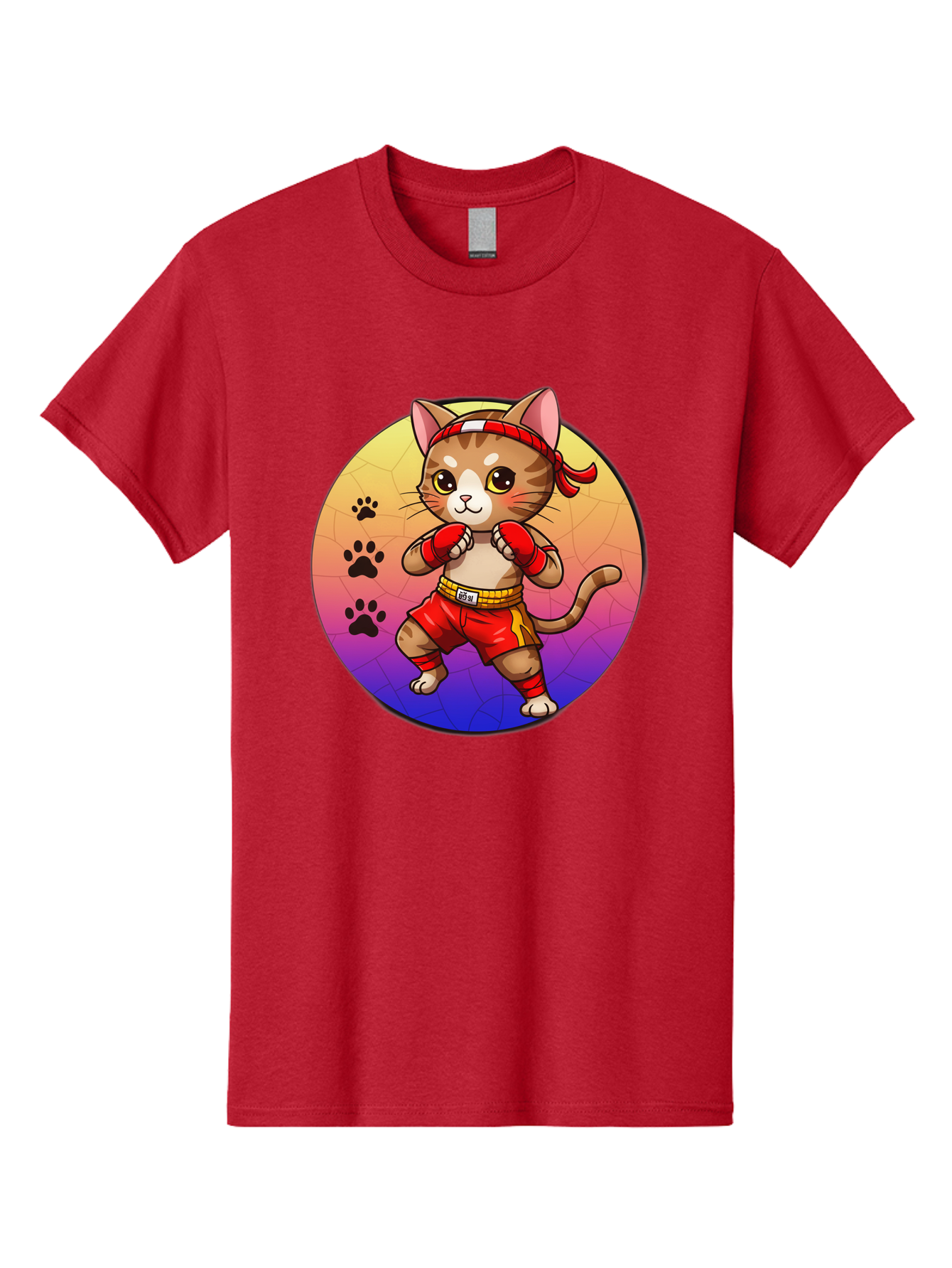Kitty-Muay-Thai Men'S Graphic Tee, 100% Cotton, Comfortable Casual Summer Wear, Machine Washable, Cartoon Cat, Muay Thai Fighter, Boxing Gloves, Red Shorts, Kawaii Character, Cat Paw Prints, Gradient Background, Martial Arts, Fighting Stance, Bae480 6