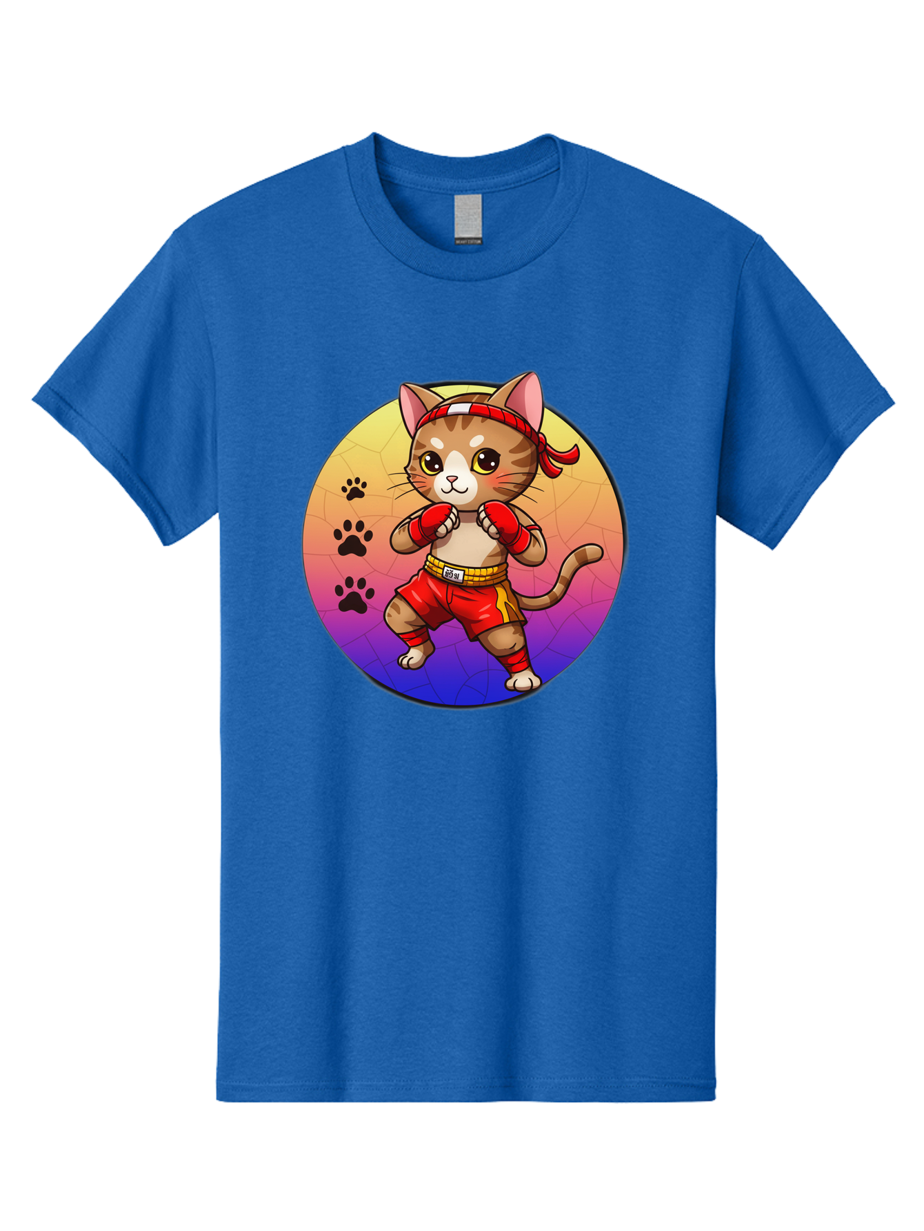 Kitty-Muay-Thai Men'S Graphic Tee, 100% Cotton, Comfortable Casual Summer Wear, Machine Washable, Cartoon Cat, Muay Thai Fighter, Boxing Gloves, Red Shorts, Kawaii Character, Cat Paw Prints, Gradient Background, Martial Arts, Fighting Stance, Bae480 11